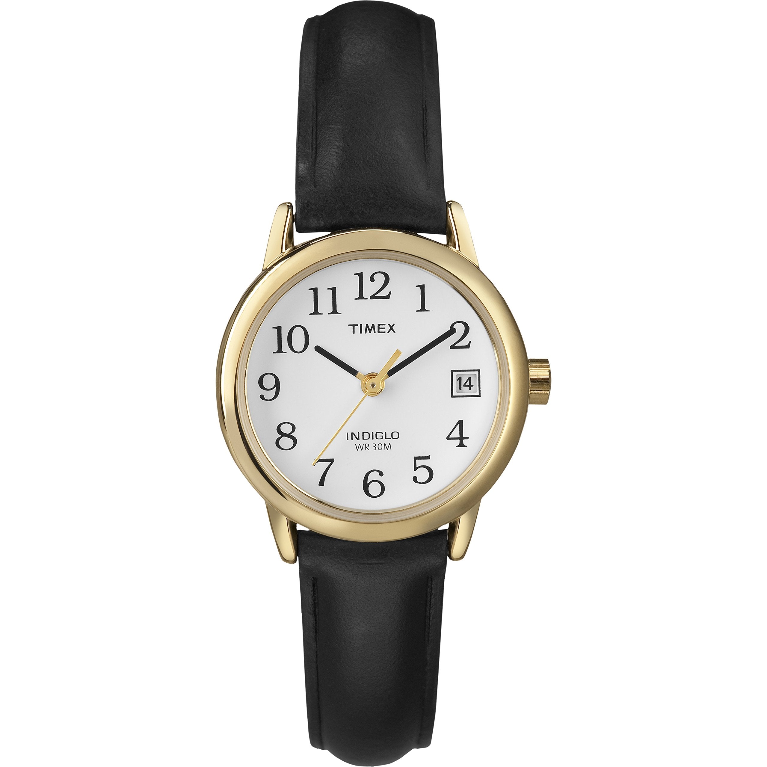 Timex Women's Easy Reader 25mm Watch – Gold-Tone Case White Dial and Date with Black Leather Strap