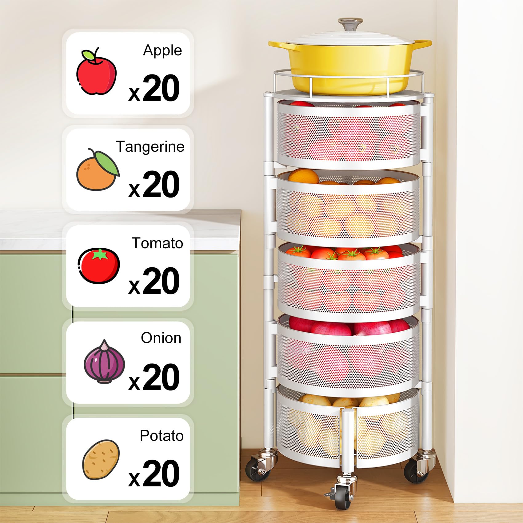 SNTD Fruit and Vegetable Basket Bowls for Kitchen with Metal Top Lid, 5 Tier Rotating Storage Rack Cart for Potato Onion Banana, Wire Basket Organizer on Wheels, Large (White)