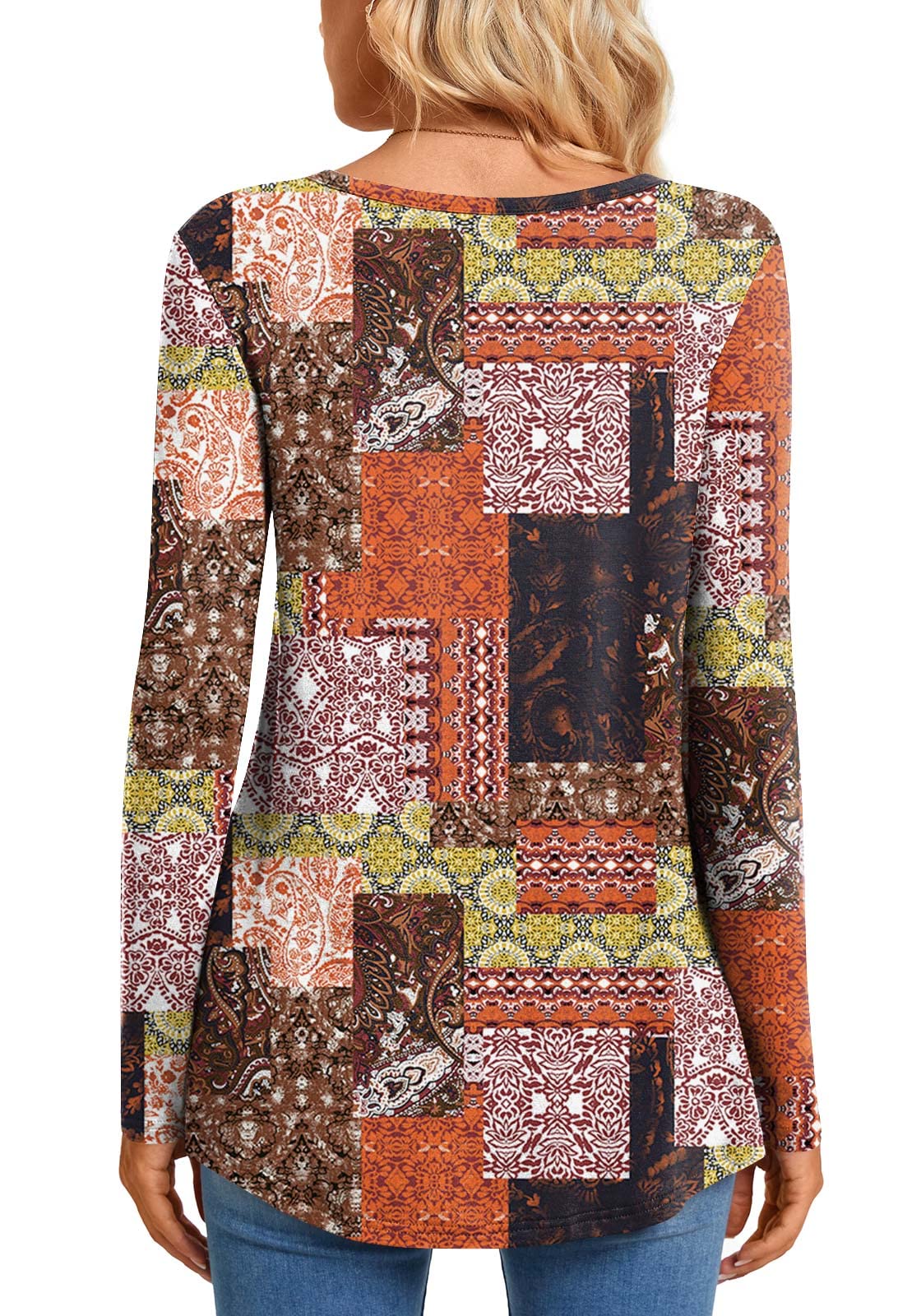 CATHY Womens Long Sleeve Tunic Tops Henley Shirt V-neck Button Down Blouse Casual Pleated Basic Pullover, L, Long Flower Multiple Orange