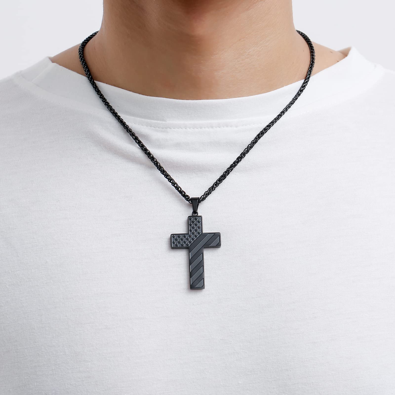 DuoDiner Black Cross Necklace for Men Boys Pendant Chain American Flag Joshua 1:9 Baptism Religious Christian First Communion Confirmation Jewelry Christmas Graduation Gifts Him Teenage Boys Age