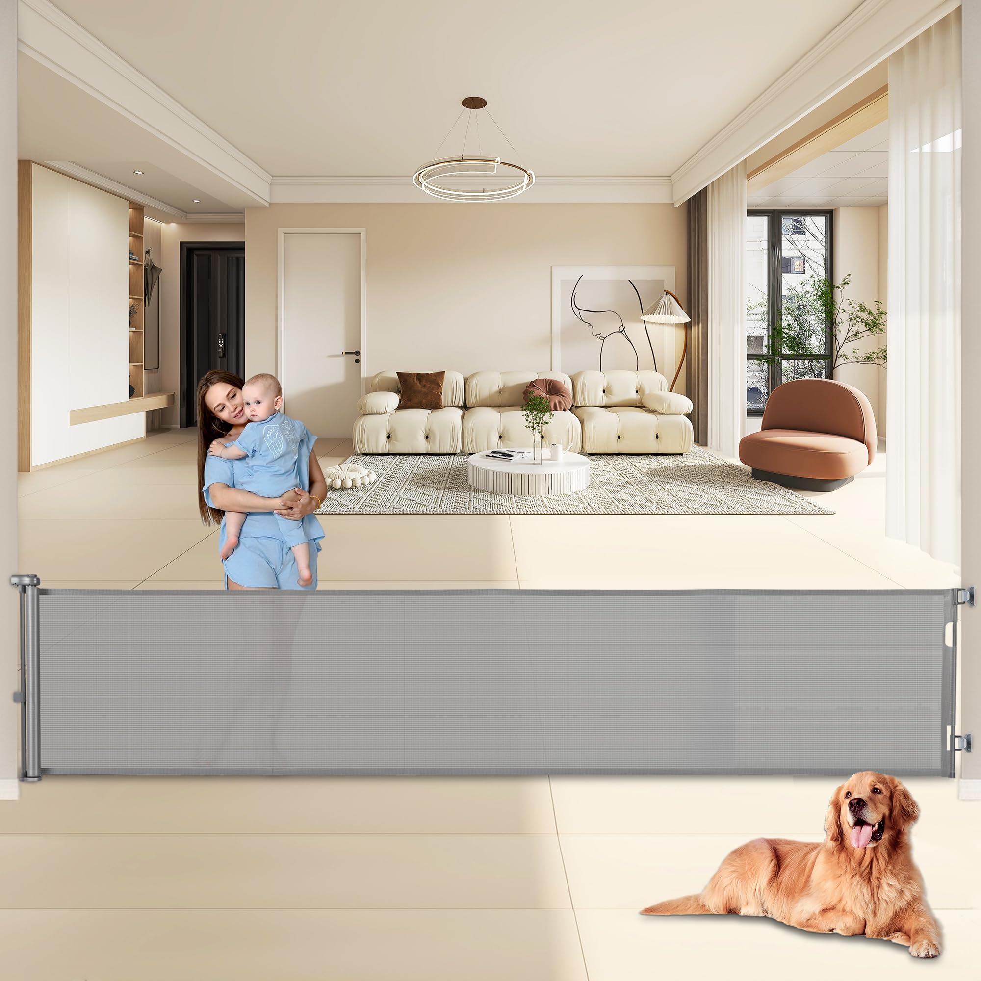 Rengue 140 Inch Retractable Baby Gates, Extra Wide Baby Gates for Large Openings, Mesh Dog Gate Retractable, Safety Gates for Kids or Pets, Extra Long Baby Gates for Stairs Doorway (Gray, 140 ")