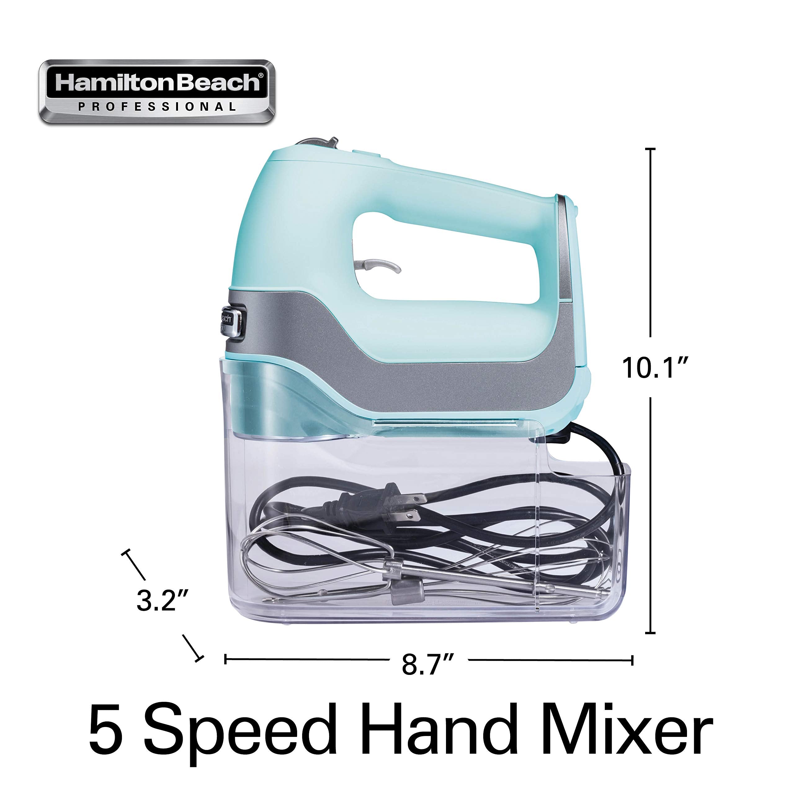 Hamilton Beach Professional 5-Speed Electric Hand Mixer with Snap-On Storage Case, QuickBurst, Stainless Steel Twisted Wire Beaters and Whisk, Mint (62658)