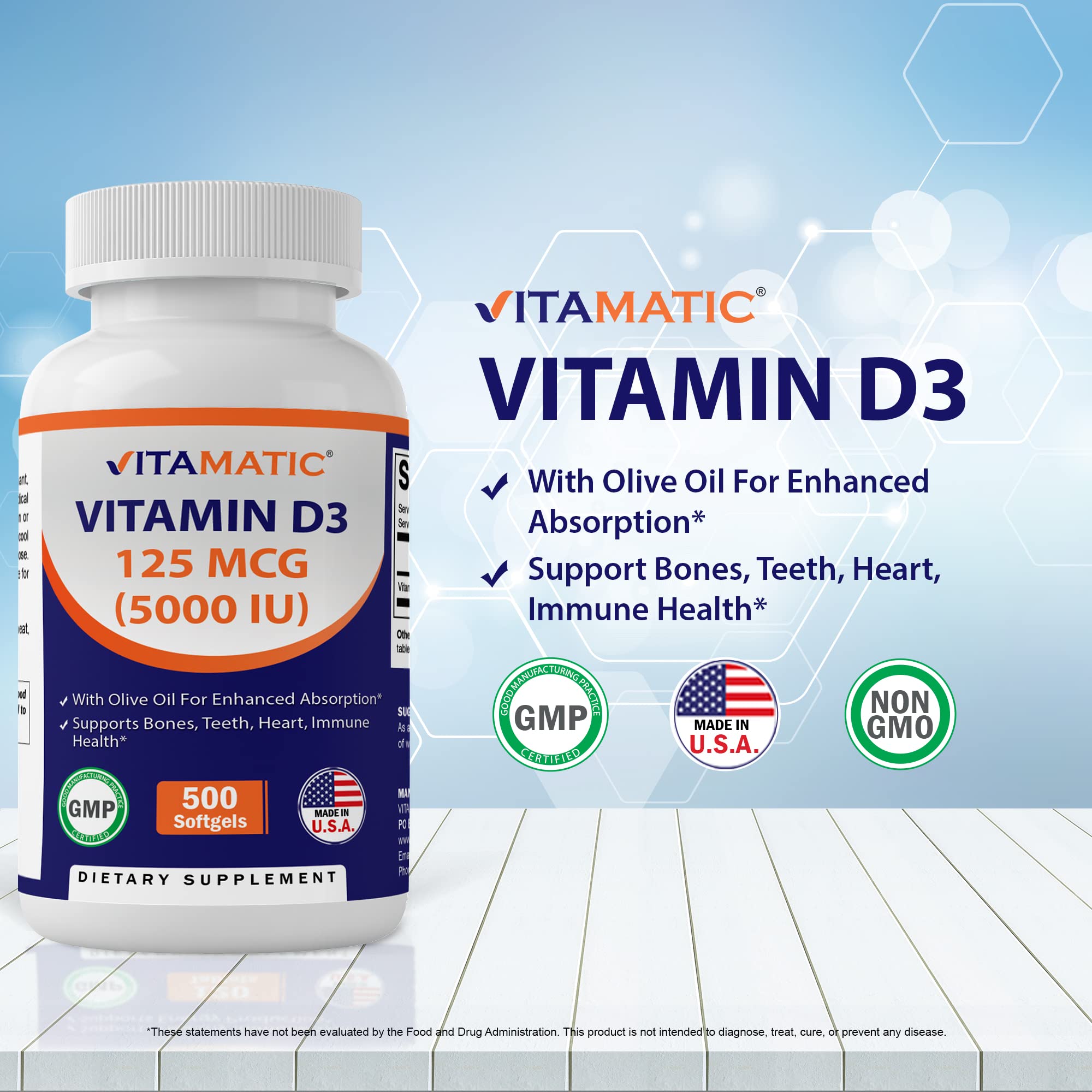 Vitamatic Vitamin D3 5000 IU (125 mcg) - 500 Softgels (Olive Oil Based) - 500 Days Supply - for Healthy Muscle Function, and Immune Support, Non-GMO, Gluten Free in Cold-Pressed Mini Softgels