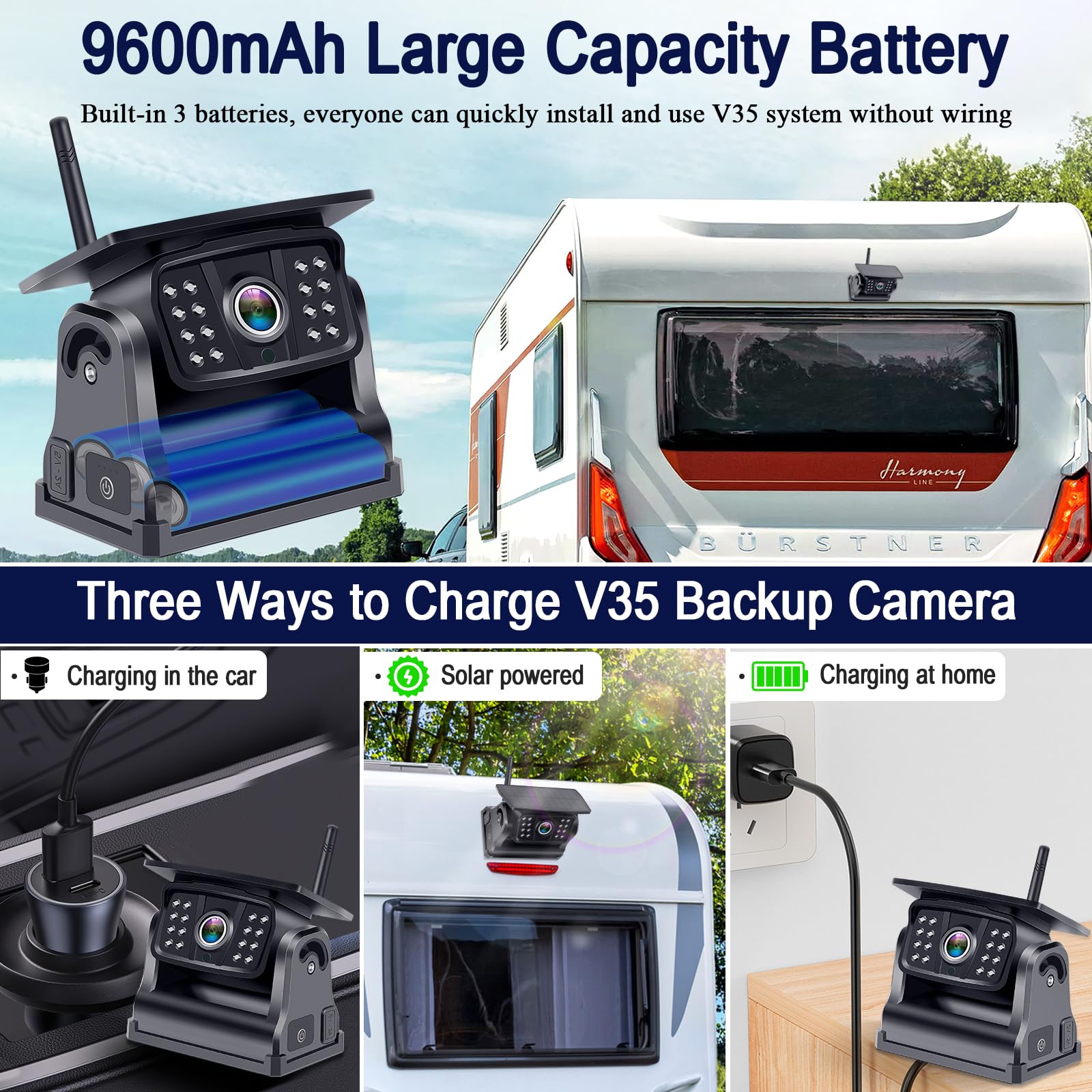 Wireless Backup Camera Solar Magnetic: Portable Cordless Scratch-Proof Truck Trailer Hitch Rear View Camera HD 1080P No Wiring No Drilling Rechargeable 5'' Monitor Kit for Car RV Camper - DoHonest R50