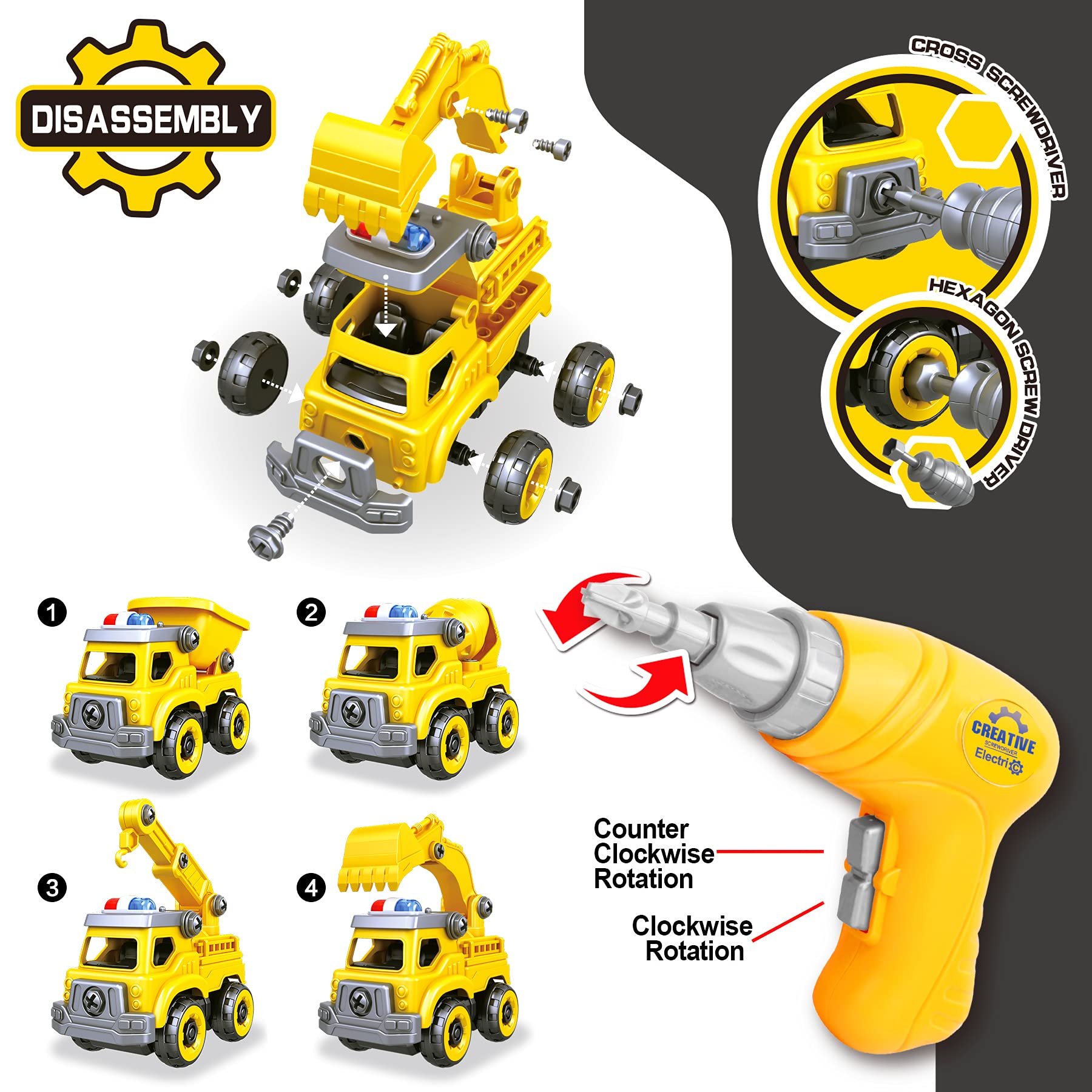 4-in-1 Take Apart Car Toys for Boys, DIY Engineering Construction Truck Toy Vehicle - Dump Truck, Cement Mixer, Excavator, Crane, Kids Building Educational Toy Gift for Age 3 4 5 6 7 8 Year Old Girls