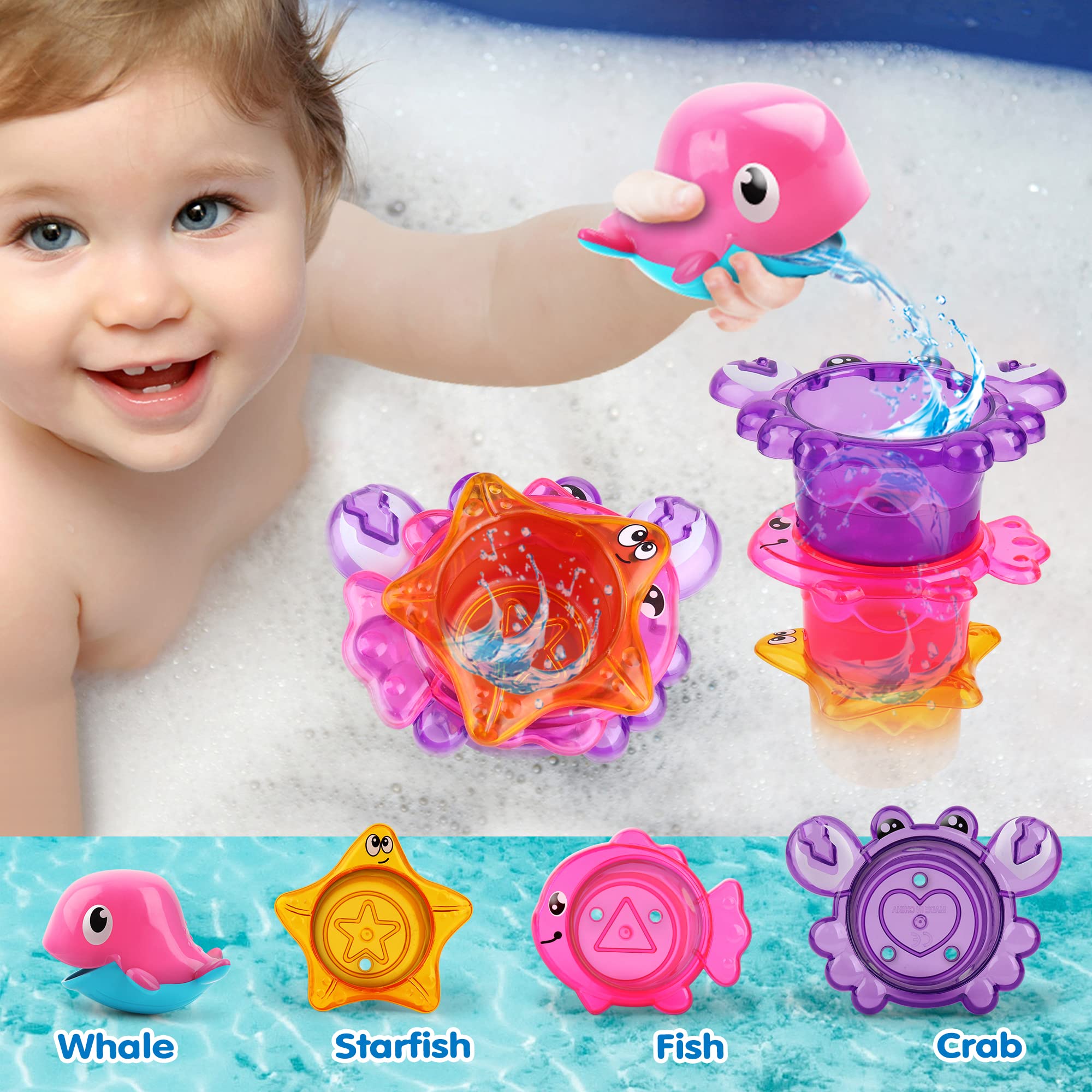 Dwi Dowellin Bath Toy for Toddlers ,Bathtub Toy with Floating Mold Free Swimming Toys and Stacking Cups,Magnetic Fishing Game for Toddles and Babies