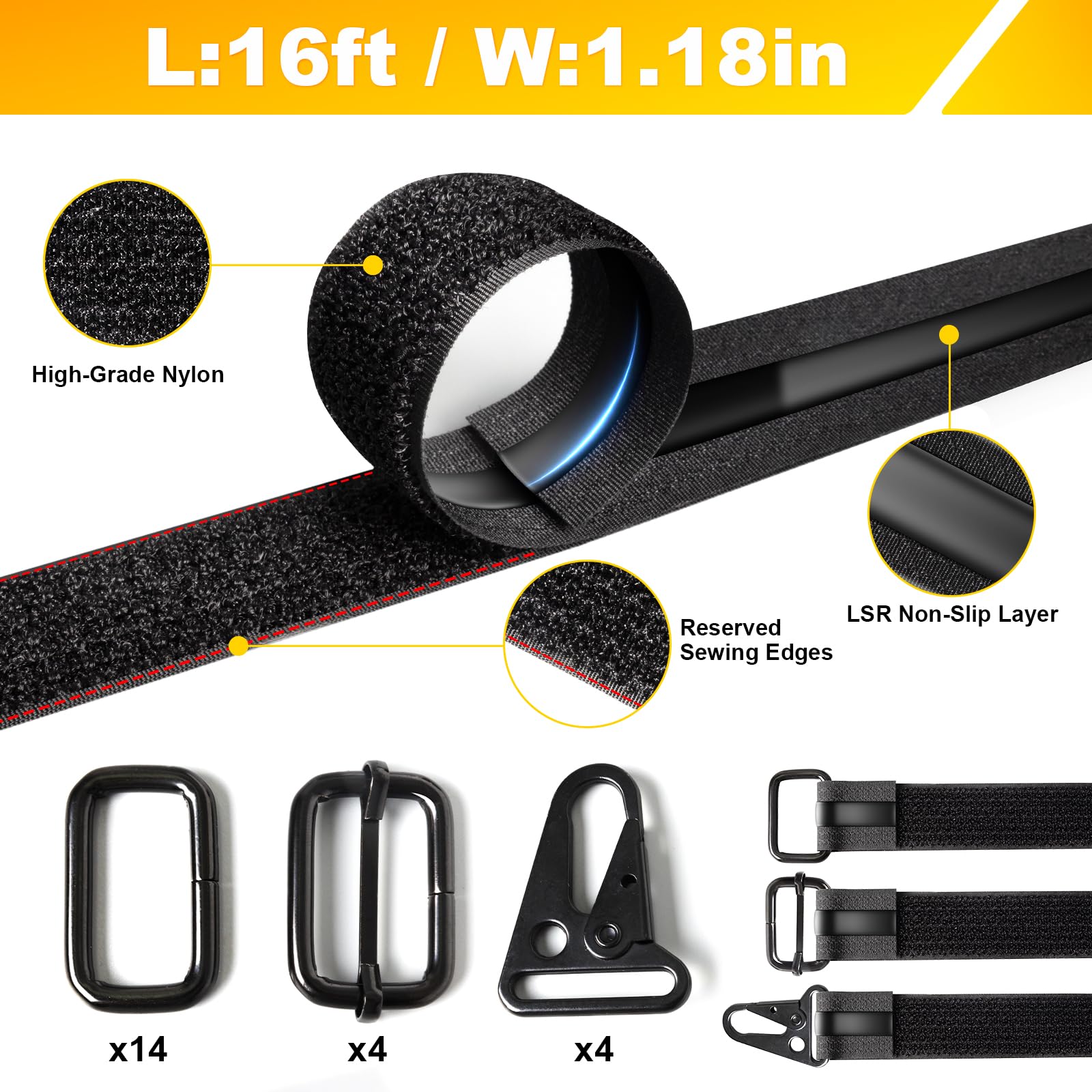 PHIXBEAR 1.18" x 16' Heavy-Duty Anti-Slip Cinch Straps, 22 Buckles, Black Nylon Hook-and-Loop, Reusable for Garage, Cable Management and Outdoor