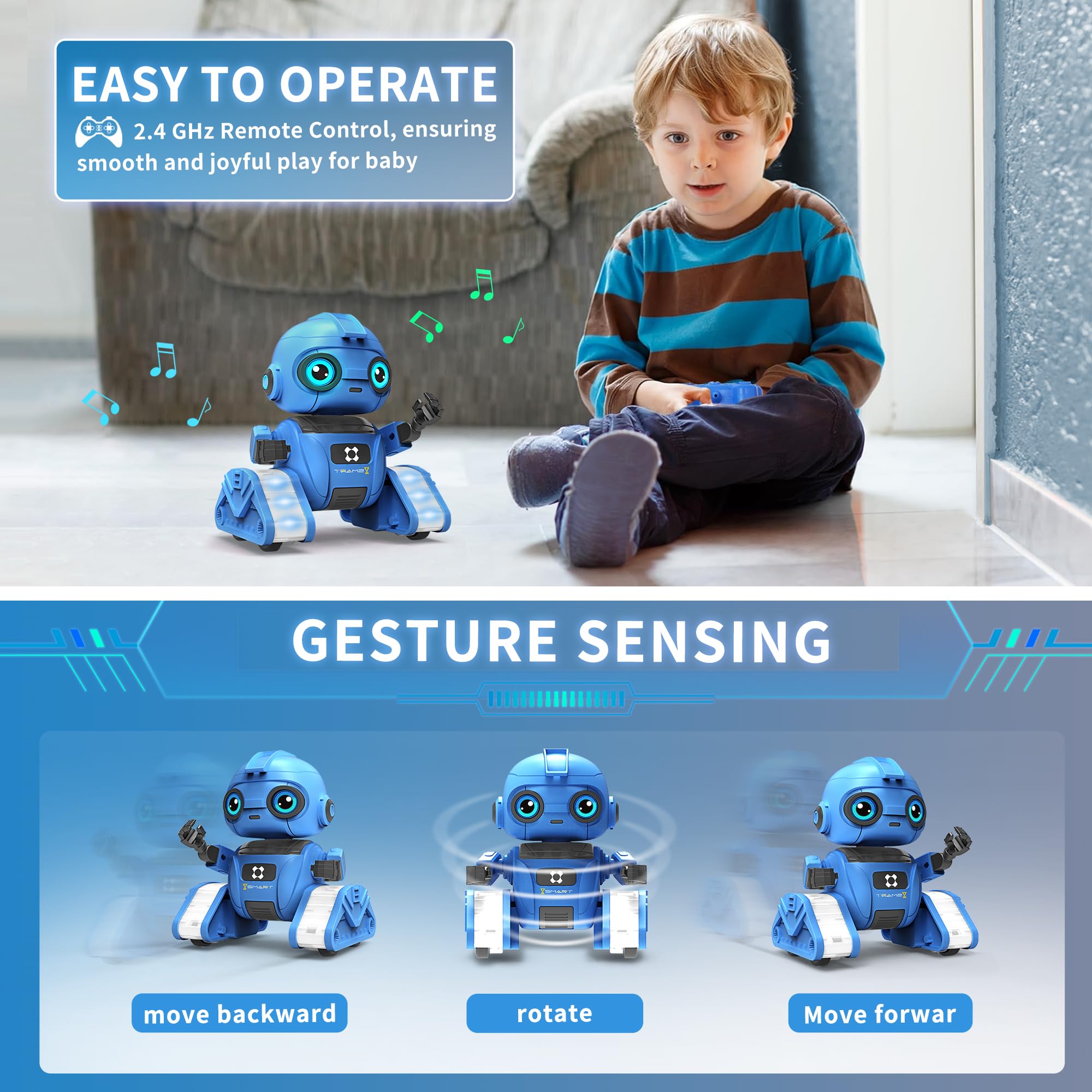 Robot Toys for Boys and Girls, Rechargeable Remote Control Robot with Auto-Demonstration, Light Projection, Dance Moves, Music, and Gesture Sensing –Toy Robot Gifts for 3,4,5,6 Year old Boys (Blue)