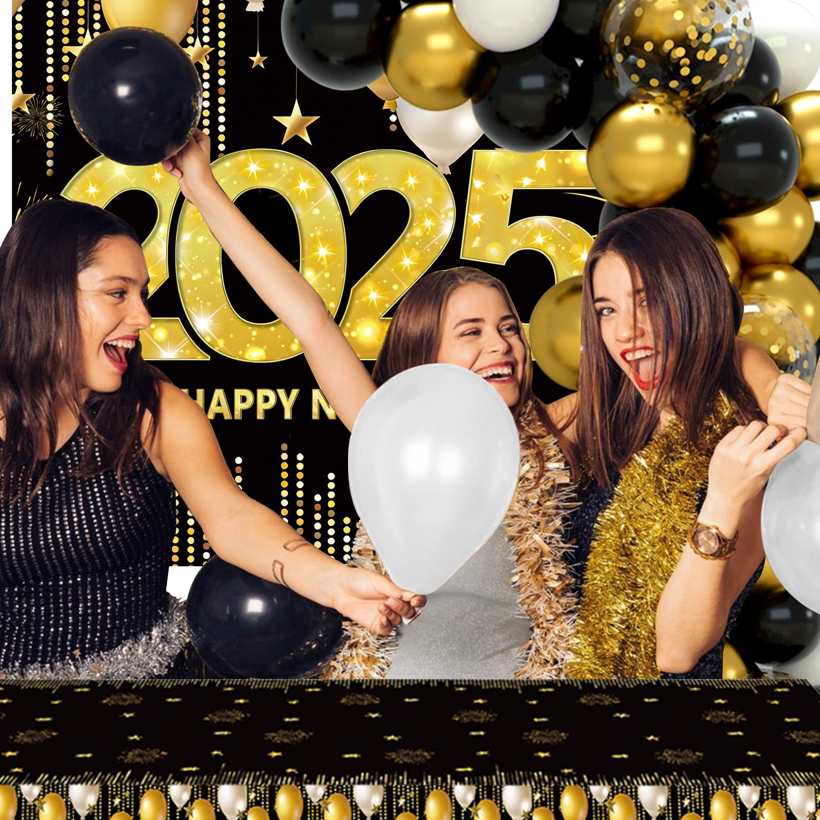 Happy New Years Party Decorations 2025 - New Years Balloon Garland Arch Kit,Happy New Years Eve Party Supplies,Black and Gold Confetti Balloon Backdrop Tablecloth for New Year Party Anniversary 101PCS