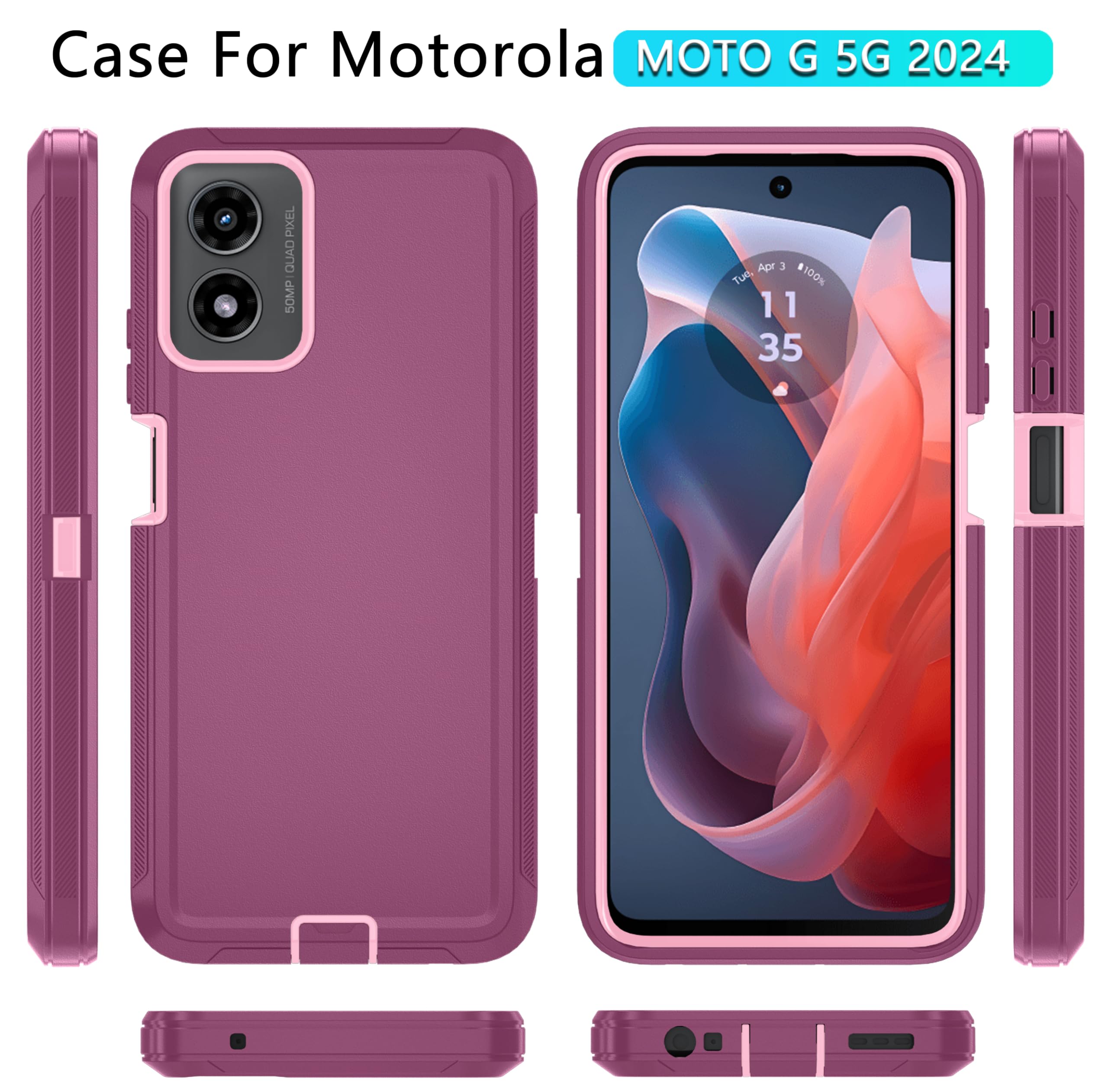 Qinmay Phone Case for Motorola Moto G 5G 2024 Case with HD Screen Protector, Heavy Duty Shockproof & Dropproof 3-Layer Cover Phone Case for Moto G 5G 2024 (Moto G 5G 2024,WineRed Pink)