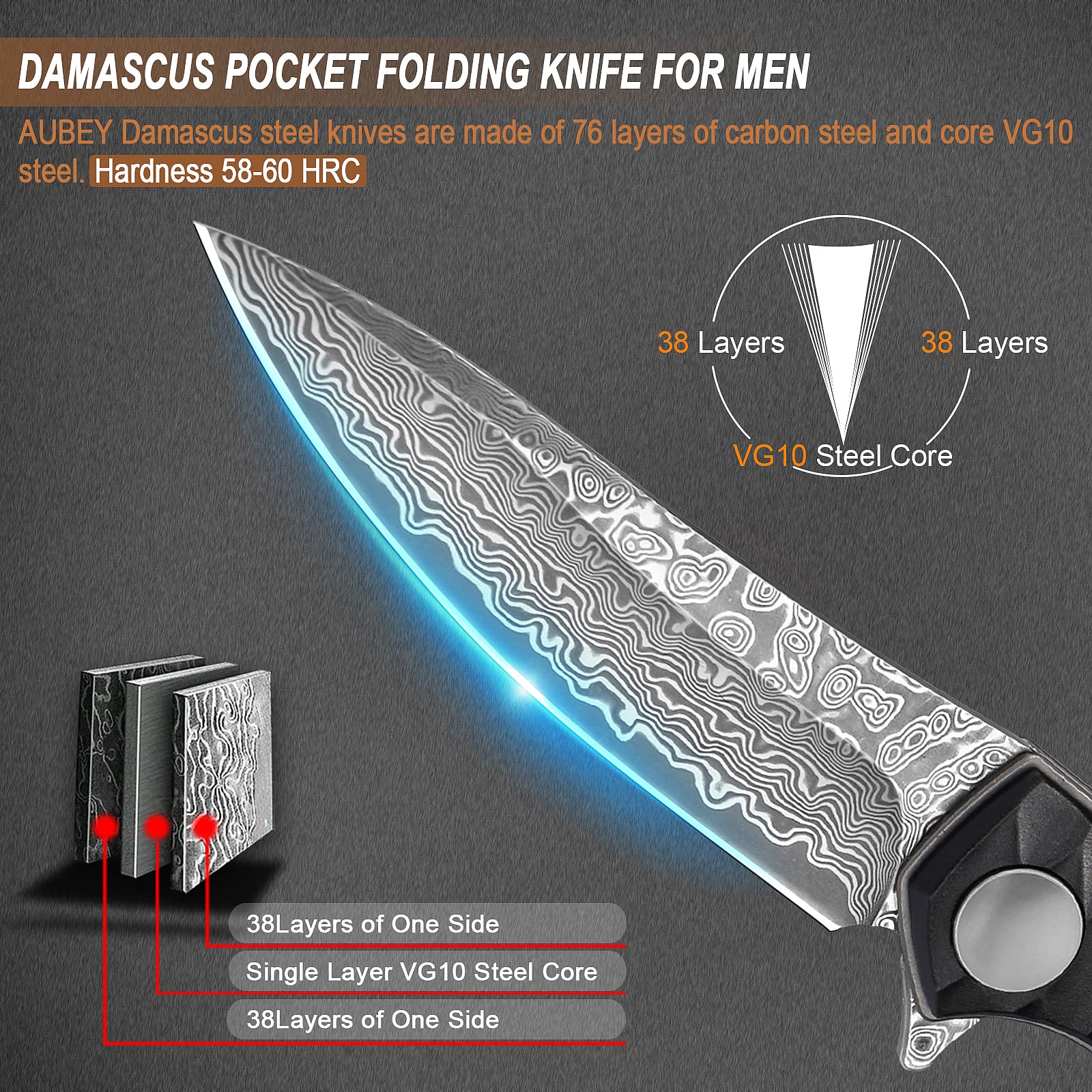 AUBEY Damascus Pocket Knife for Men with Clip EDC, 3.23" VG10 Core Damascus Steel Blade Folding Knife with Black Aluminum Handle, Sharp Camping Knife