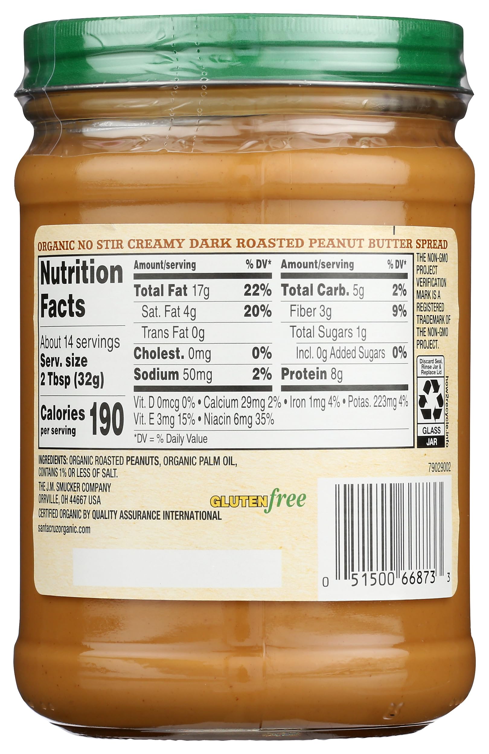 SANTA CRUZ ORGANIC Organic No Stir Dark Roast Creamy Peanut Butter Spread, 16 OZ