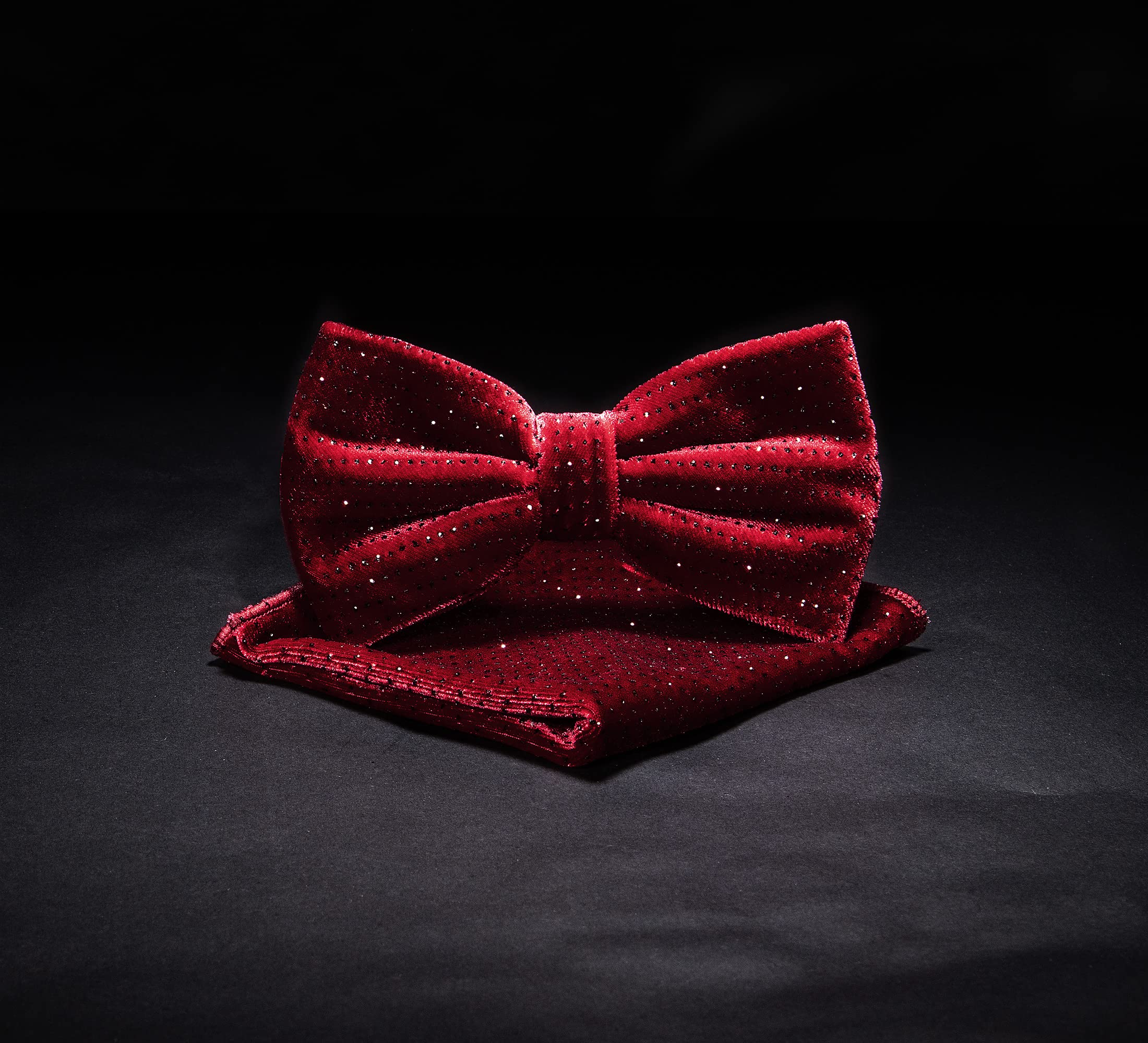 TIE G Men's Glitter Velvet Bow Tie + Pocket Square Set in Gift Box for Wedding, Party : Glittering Effects, Unisex Design (Galaxy Apple Red)