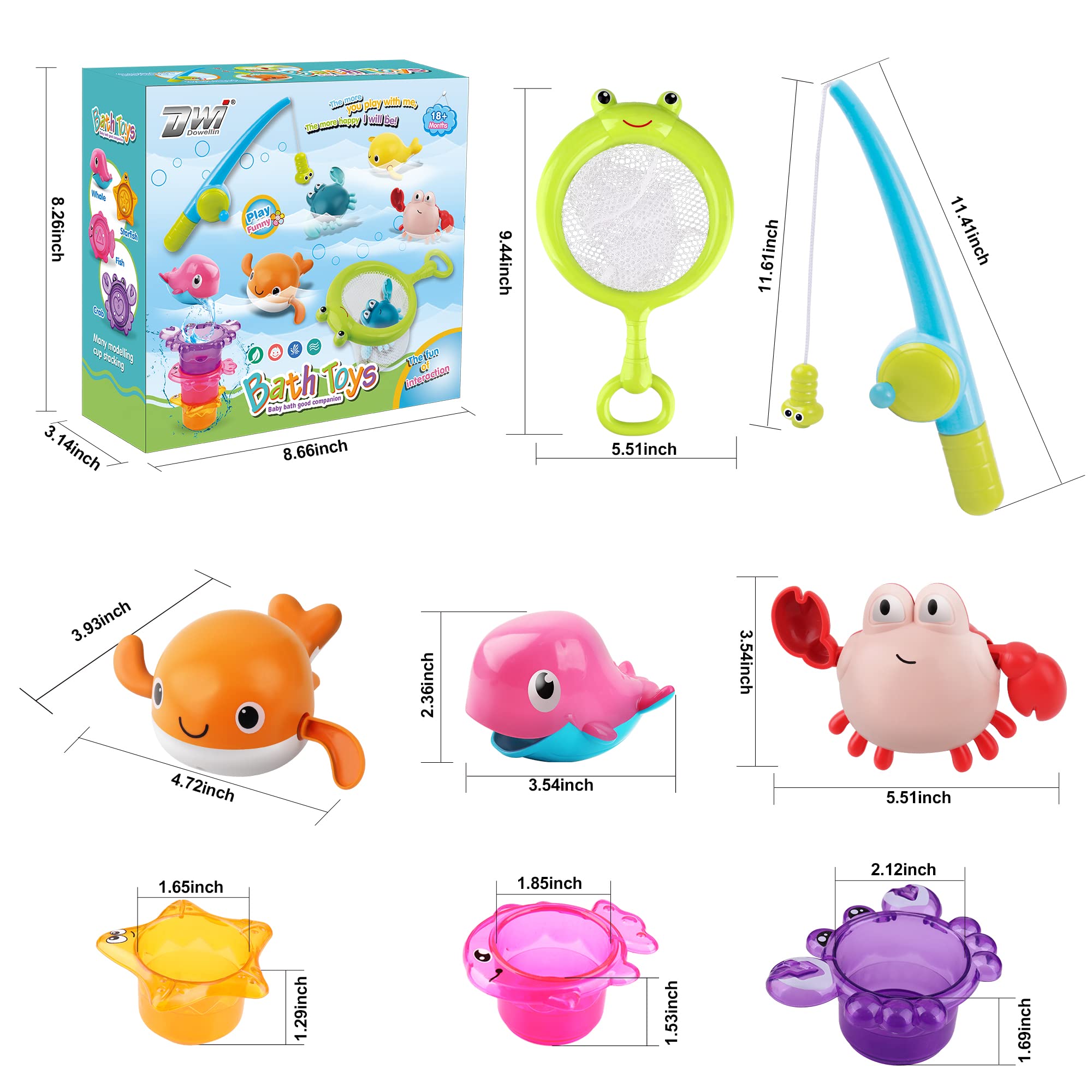 Dwi Dowellin Bath Toy for Toddlers ,Bathtub Toy with Floating Mold Free Swimming Toys and Stacking Cups,Magnetic Fishing Game for Toddles and Babies