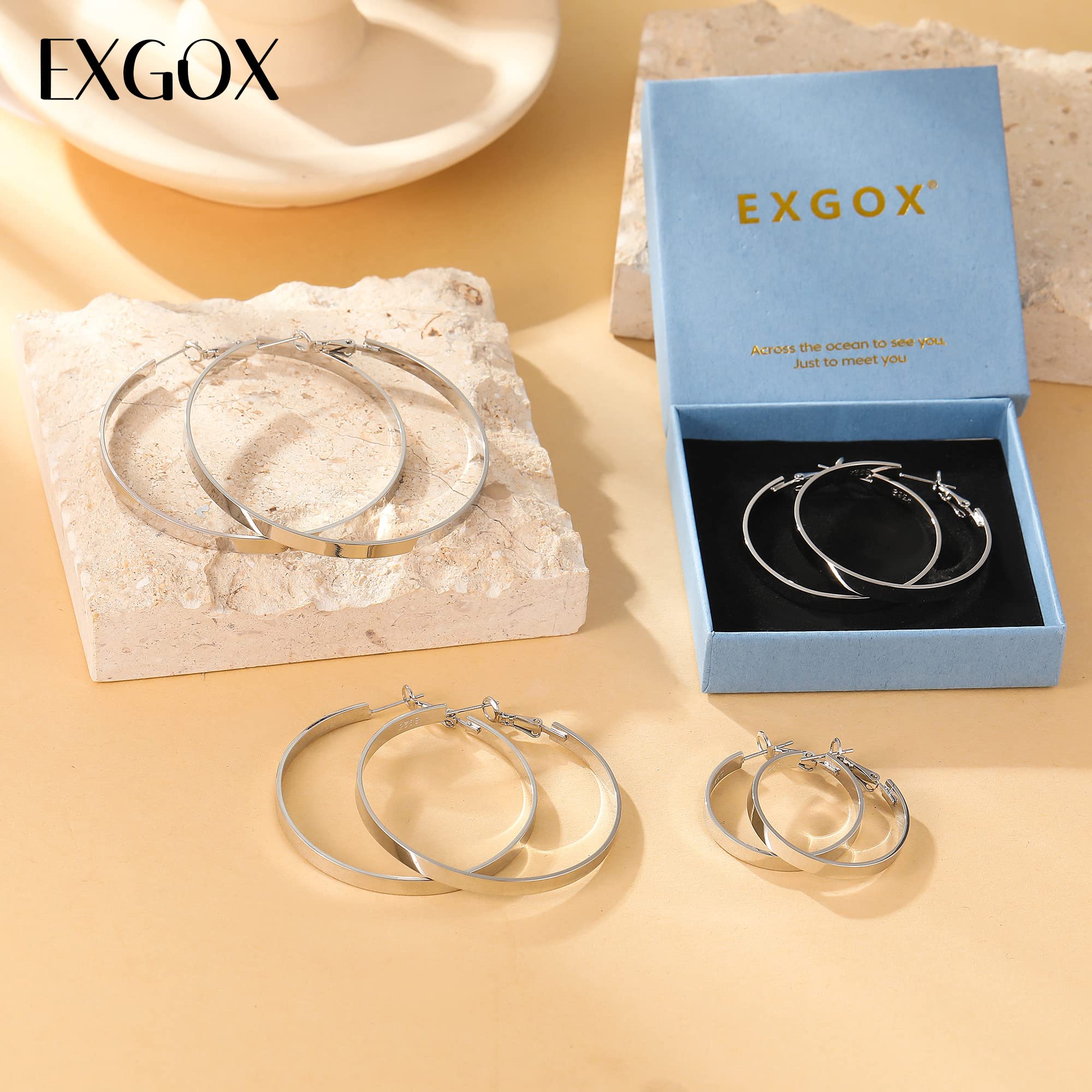 EXGOX Silver Large Hoop Earrings - 14K Gold Plated, Hypoallergenic 925 Sterling Silver Hoops for Women and Girls (30/40/50/60mm)