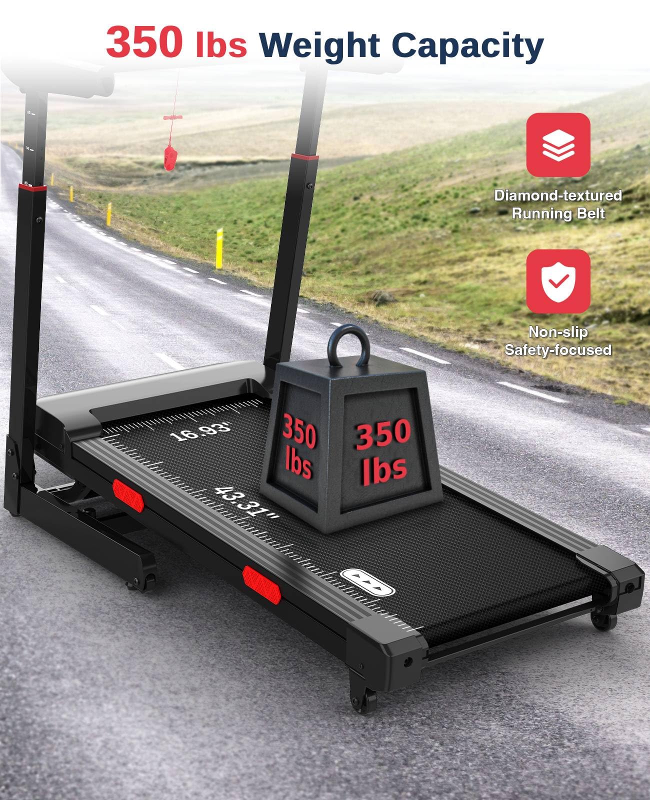 Redliro Treadmill with 15% Auto Incline - 350 lbs Capacity Foldable Running 3.0HP Treadmill for Home - Adjustable Handrail Height - APP & Voice Control - Bluetooth Speaker (Glossy Black)