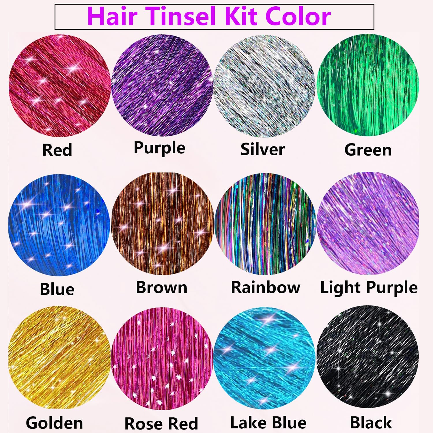 Hair Tinsel Kit (48 Inch,12 Colors, 3600 strands), Fairy Tinsel Hair Extensions with Tools - Glitter Hair Tinsel Kit Heat Resistant Accessories for Girls Women Kids Christmas New Year