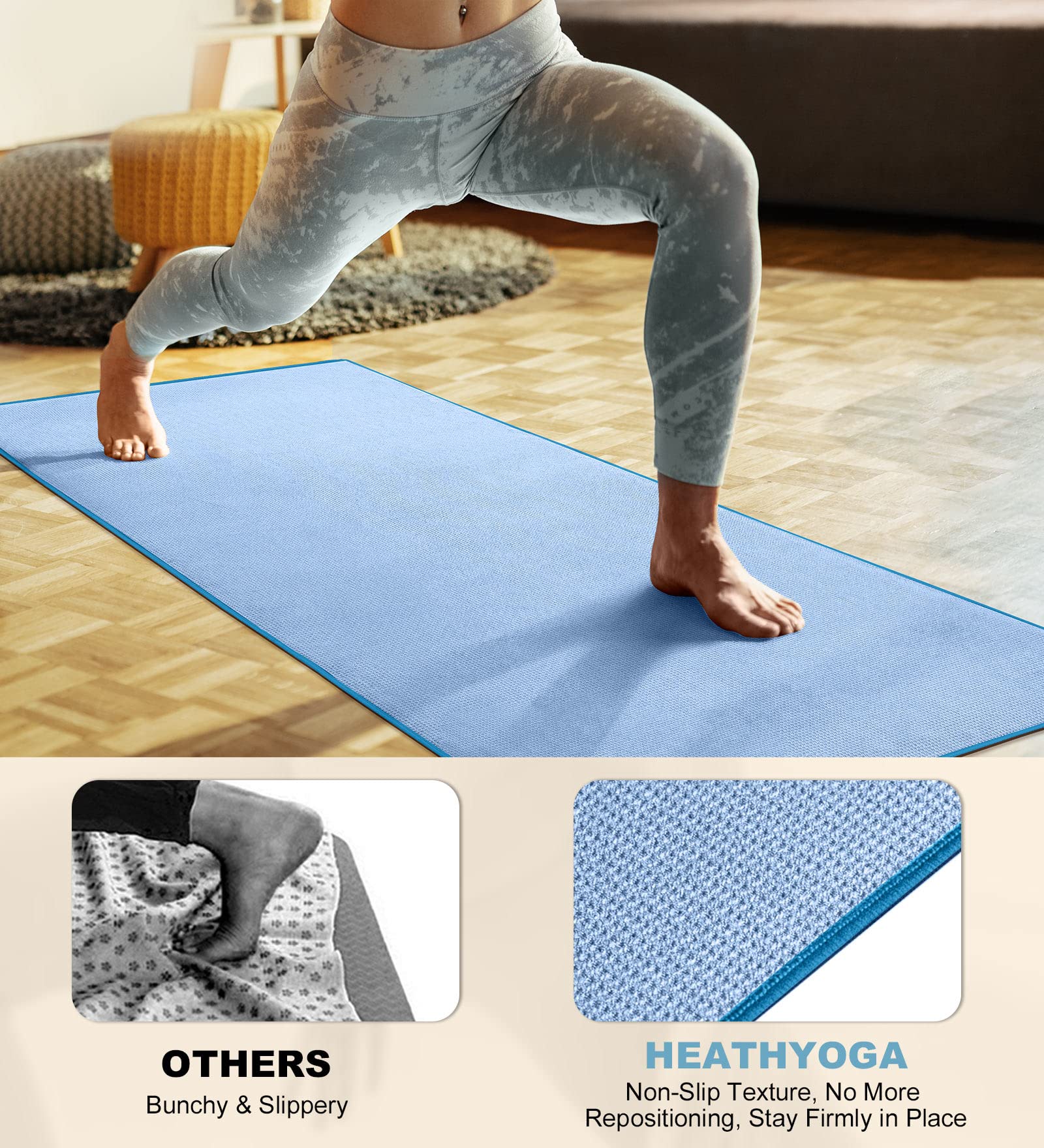 Heathyoga Hot Yoga Towel Non Slip, Microfiber Non Slip Yoga Mat Towel, Exclusive Corner Pockets Design, Dual-Grip, Sweat Absorbent, Perfect for Hot Yoga, Bikram, Pilates and Yoga Mats