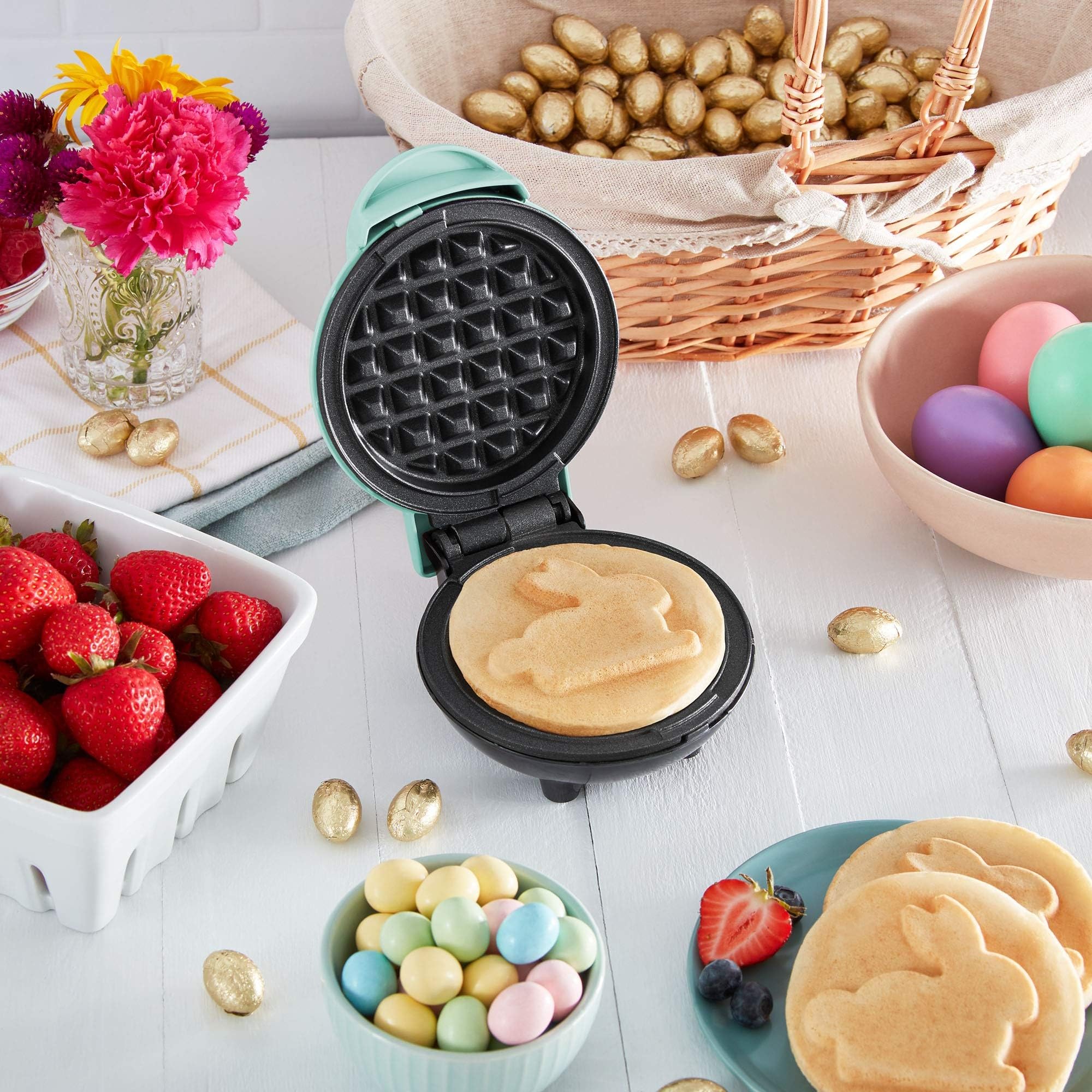 DASH Mini Waffle Maker - 4” Waffle Mold, Nonstick Waffle Iron with Quick Heat-Up, PTFE Nonstick Surface - Perfect Mini Waffle Maker for Kids and Families, Just Add Batter (Aqua)