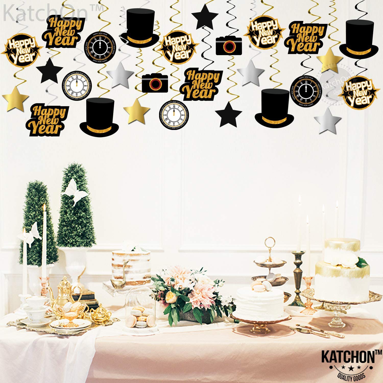 KatchOn, Happy New Year Hanging Swirls - Pack of 30 | Black and Gold New Years Eve Party Supplies 2025 | Happy New Year Decorations 2025 | New Years Hanging Decorations | New Years Eve Decorations