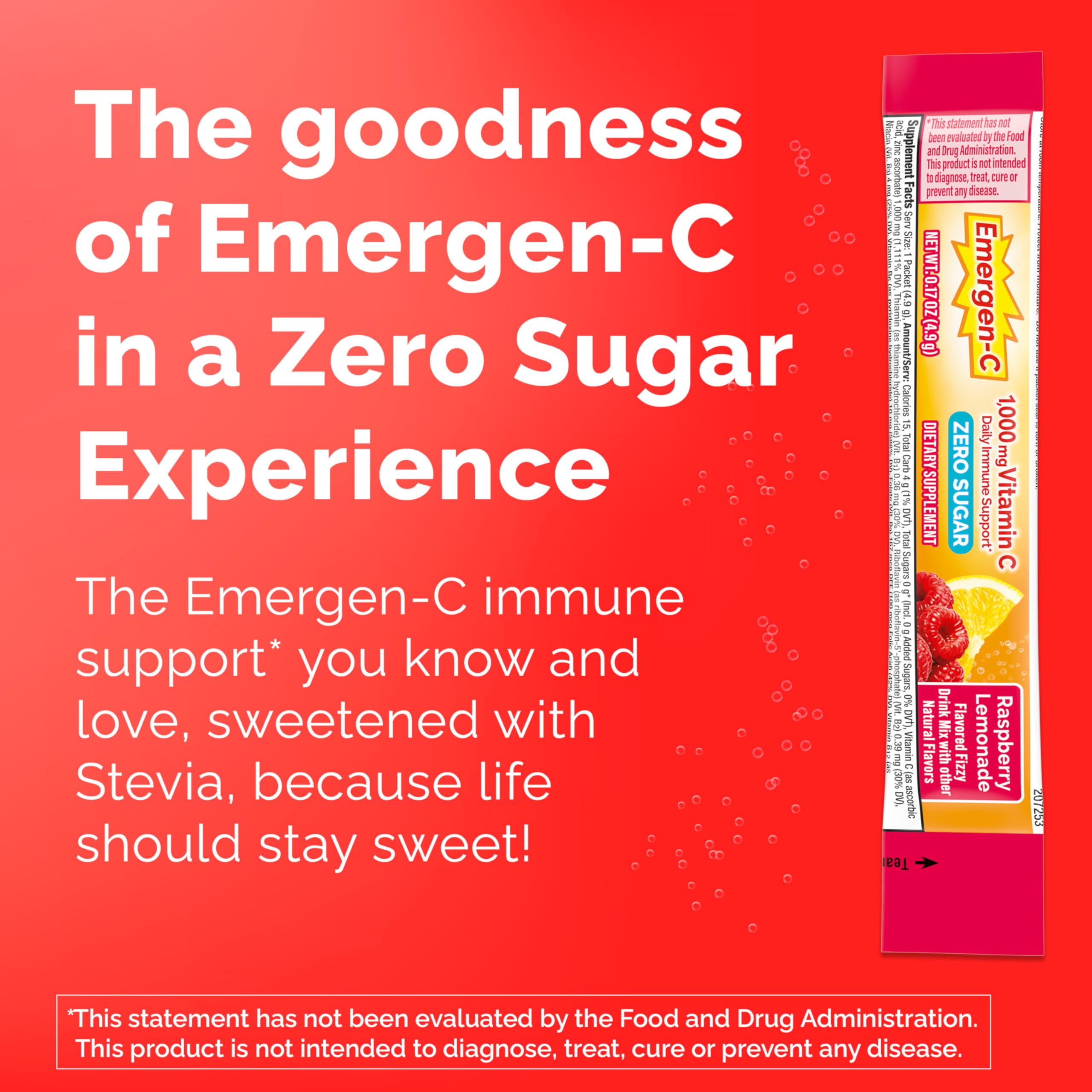 Emergen-C Zero Sugar 1000 mg Vitamin C Powder for Daily Immune Support Caffeine Free Vitamin C Supplements with Zinc and Manganese, B Vitamins and Electrolytes, Raspberry Lemonade Flavor - 36 Count