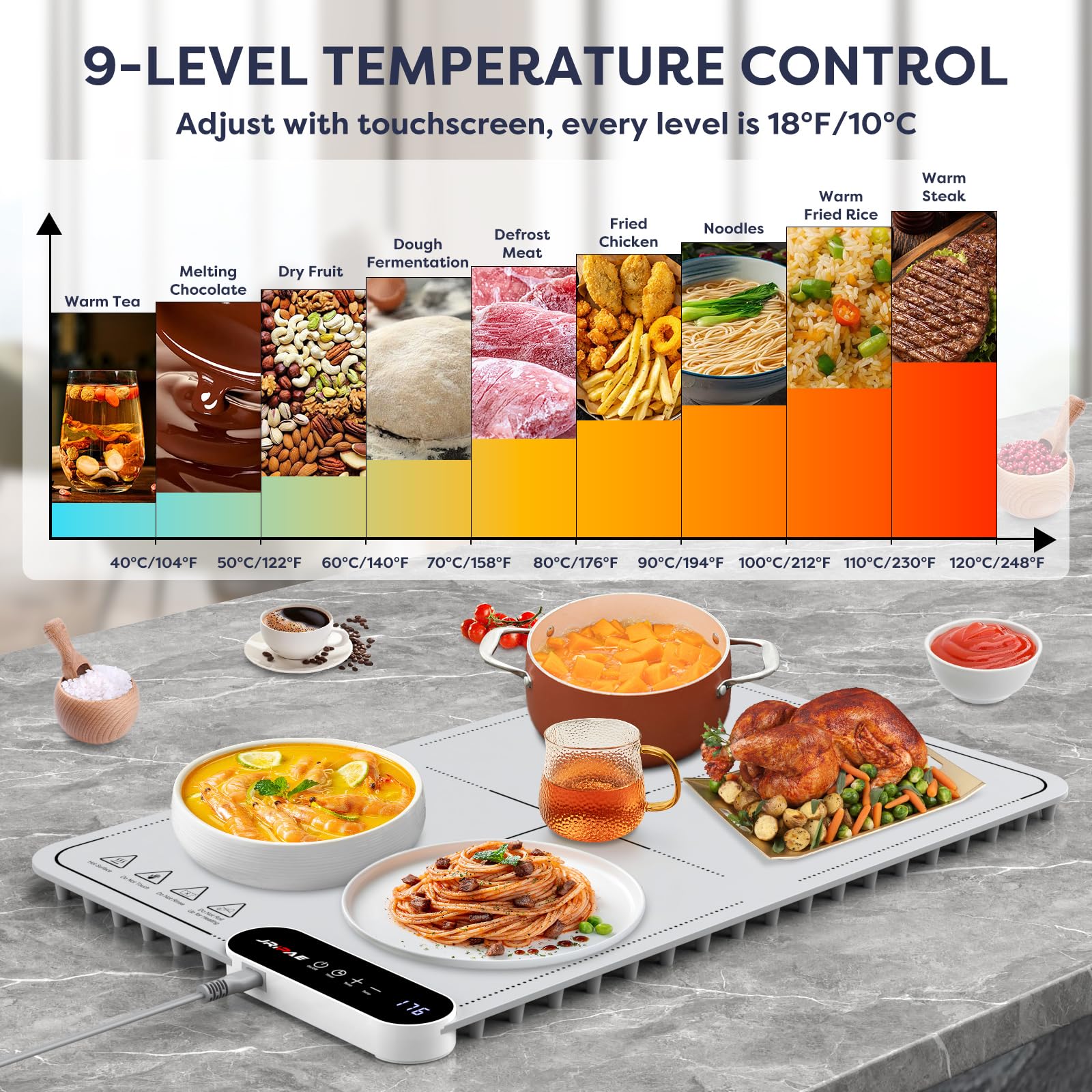 Food Warming Mat Upgraded 9 Level Temperature Electric Warmers for Food with 24 Hours Timer, Auto Shut-Off & Fast Heating, Portable Foldable Food Warmer for Buffet Parties, Gatherings, Warming Tray