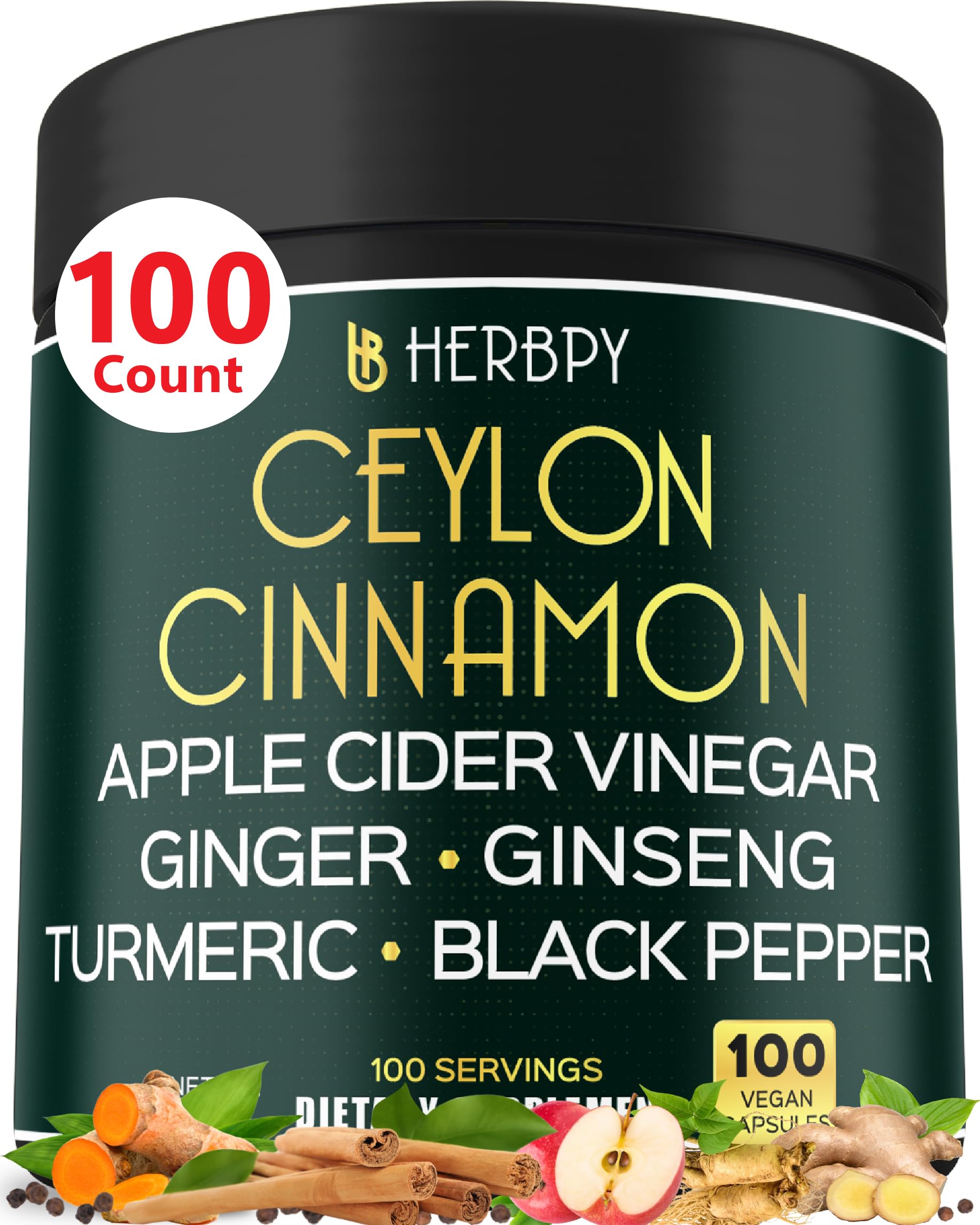 Herbpy 6in1 Premium Ceylon Cinnamon Supplement Plus Apple Cider Vinegar, Turmeric, Ginger, Ginseng - Weight Management, Digestion - 100 Vegan Capsules