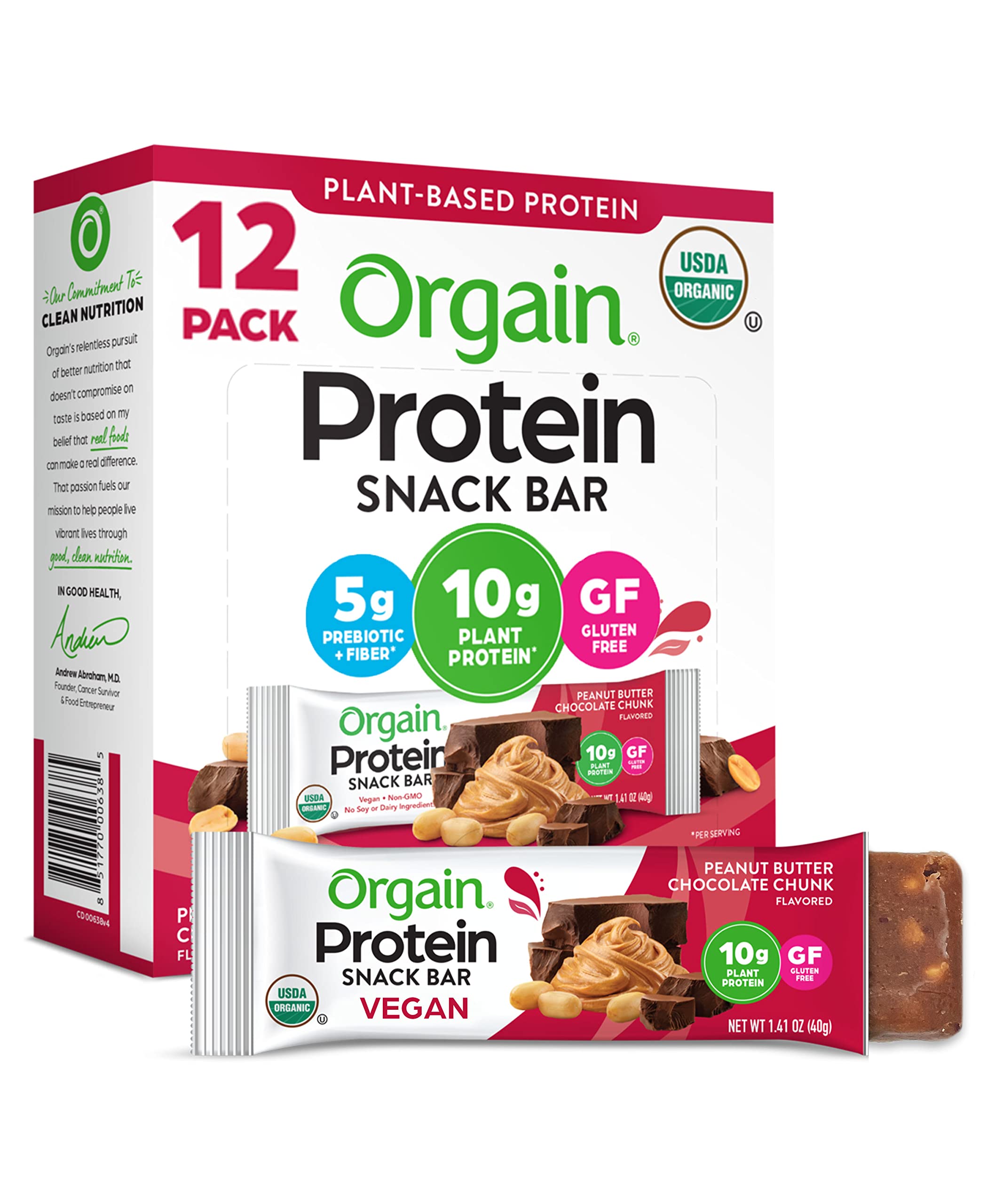 Orgain Organic Vegan Protein Bars, Peanut Butter Chocolate Chunk - 10g Plant Based Protein, Low Calorie Healthy Snacks, No Lactose or Soy Ingredients, Gluten Free, Non-GMO - 1.41 Oz (Pack of 12)