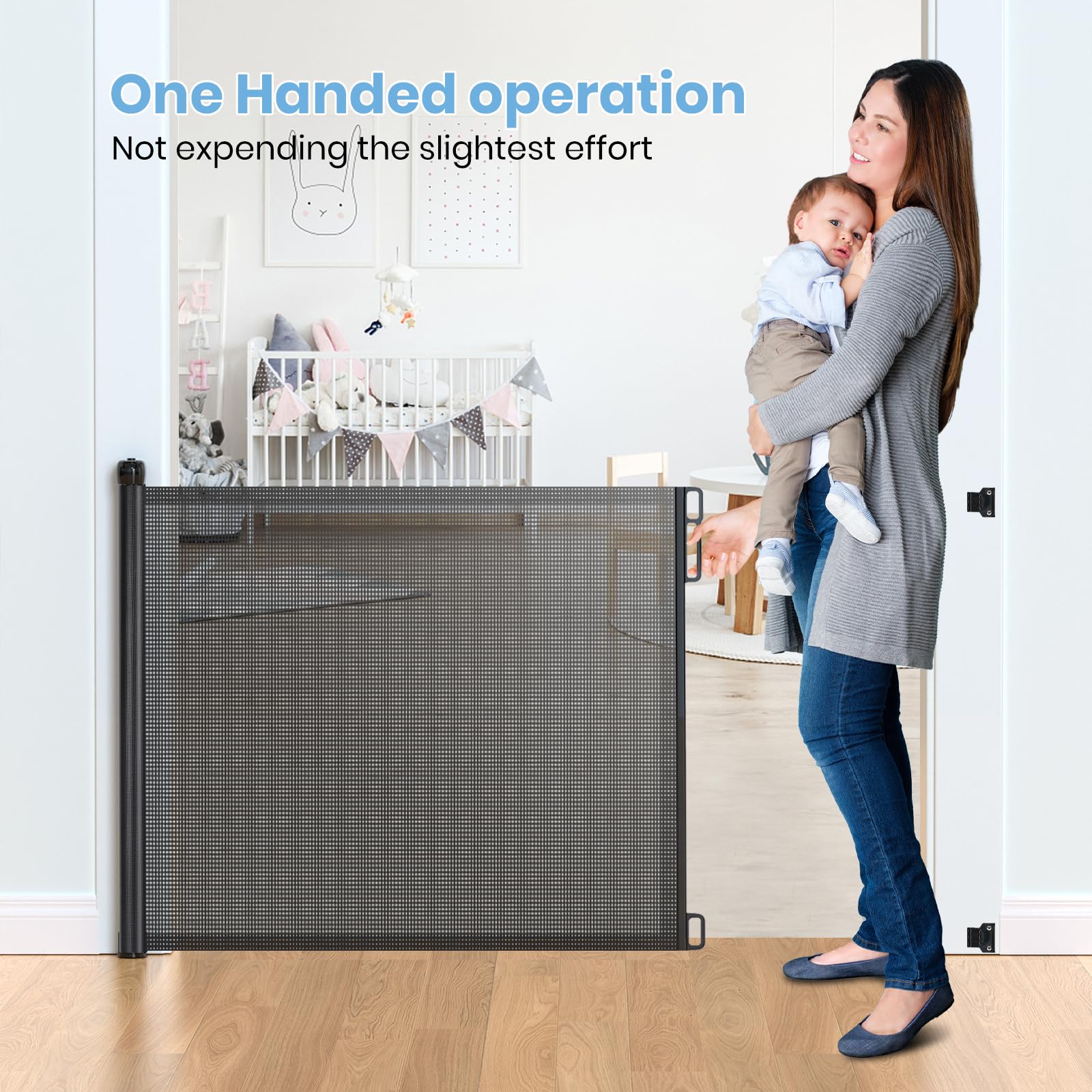 HAMOPY Retractable Baby Gates, 33" Tall, Extends up to 72" Baby Gates Extra Wide, Mesh Gate for Kids or Pets with Alarm, Durable Child Safety Gate for Doorways, Hallways, Stairs, Indoor/Outdoor(Black)
