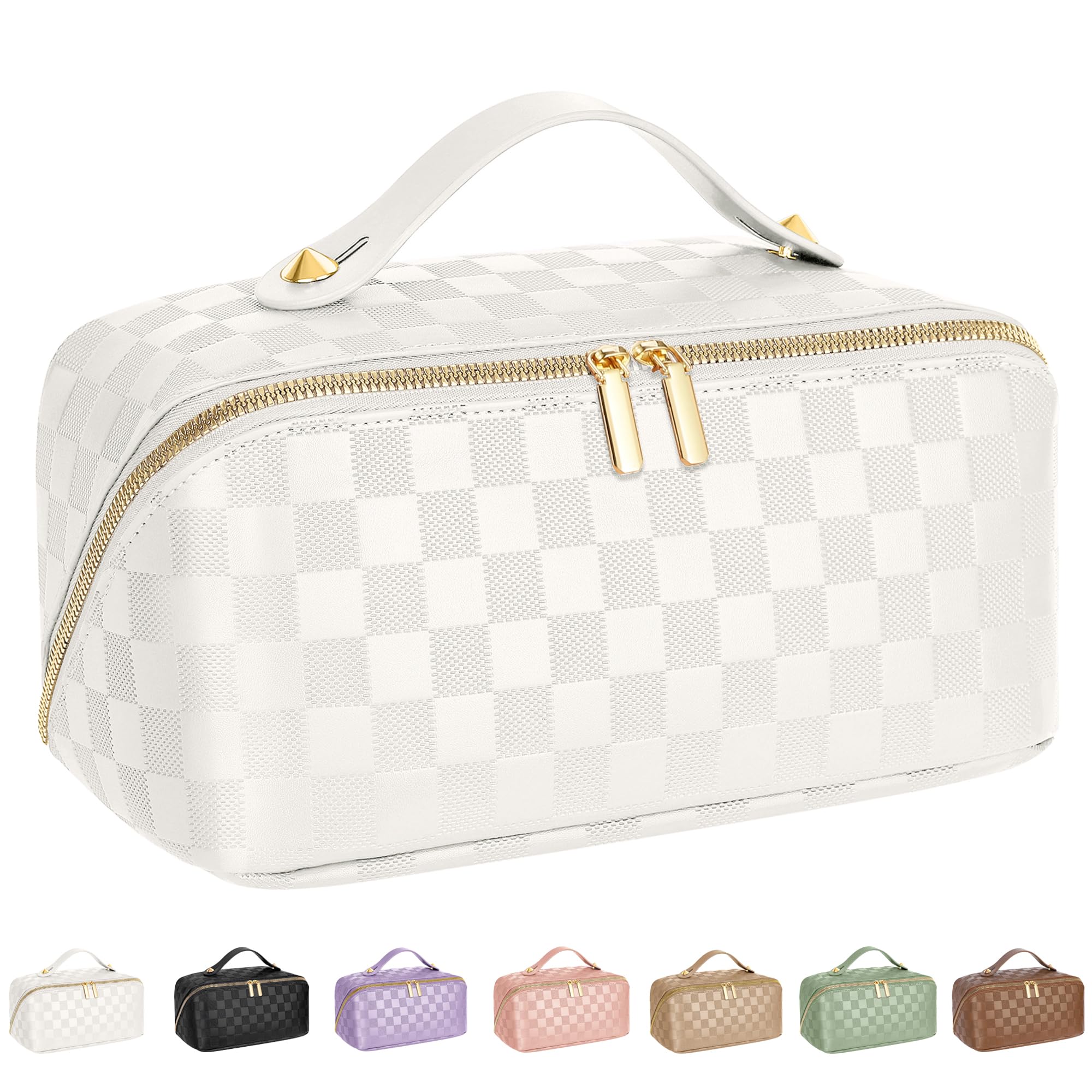 ALEXTINA Large Capacity Travel Cosmetic Bag - Travel Makeup Bags for Women Waterproof PU Leather Checkered Makeup Organizer Bag with Dividers and Handle,Toiletry Bag for Cosmetics, White