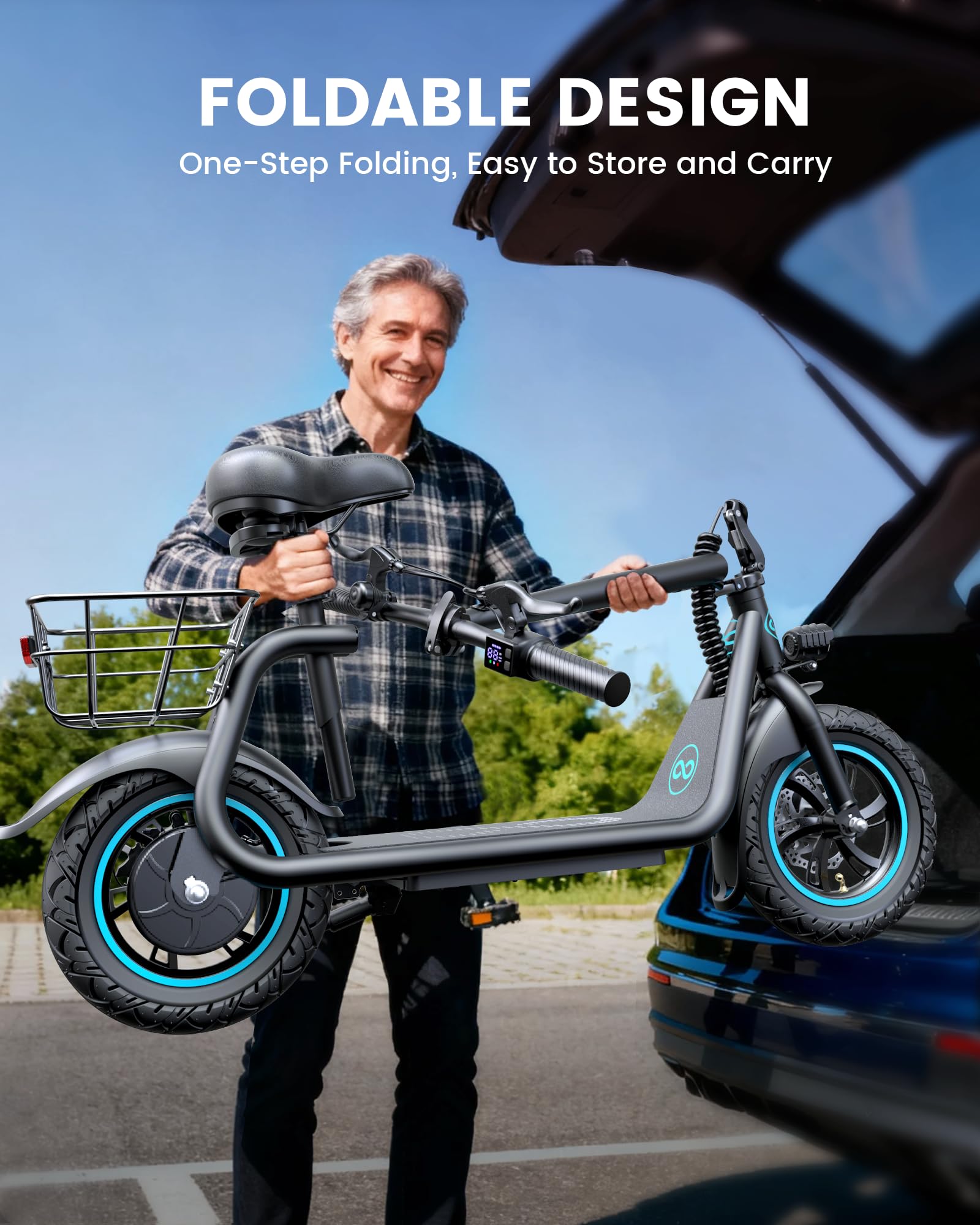 AWWSCOOTER C1 Electric Scooter with Seat for Adults, 450W Motor, 20-Mile Range, 16 MPH, Foldable Commuter E-Scooter with Basket for Grocery, Pets, and Daily Commute– Classic Black