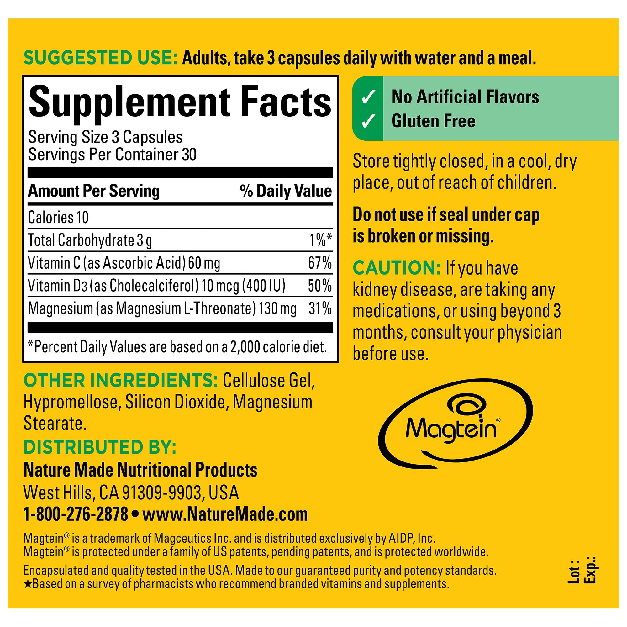 Nature Made Magnesium L-Threonate with Vitamin C & Vitamin D3, Provides 130 mg of Magnesium from 1800 mg Magnesium L Threonate, Cognitive Support Magnesium Supplement, 90 Capsules, 30 Day Supply