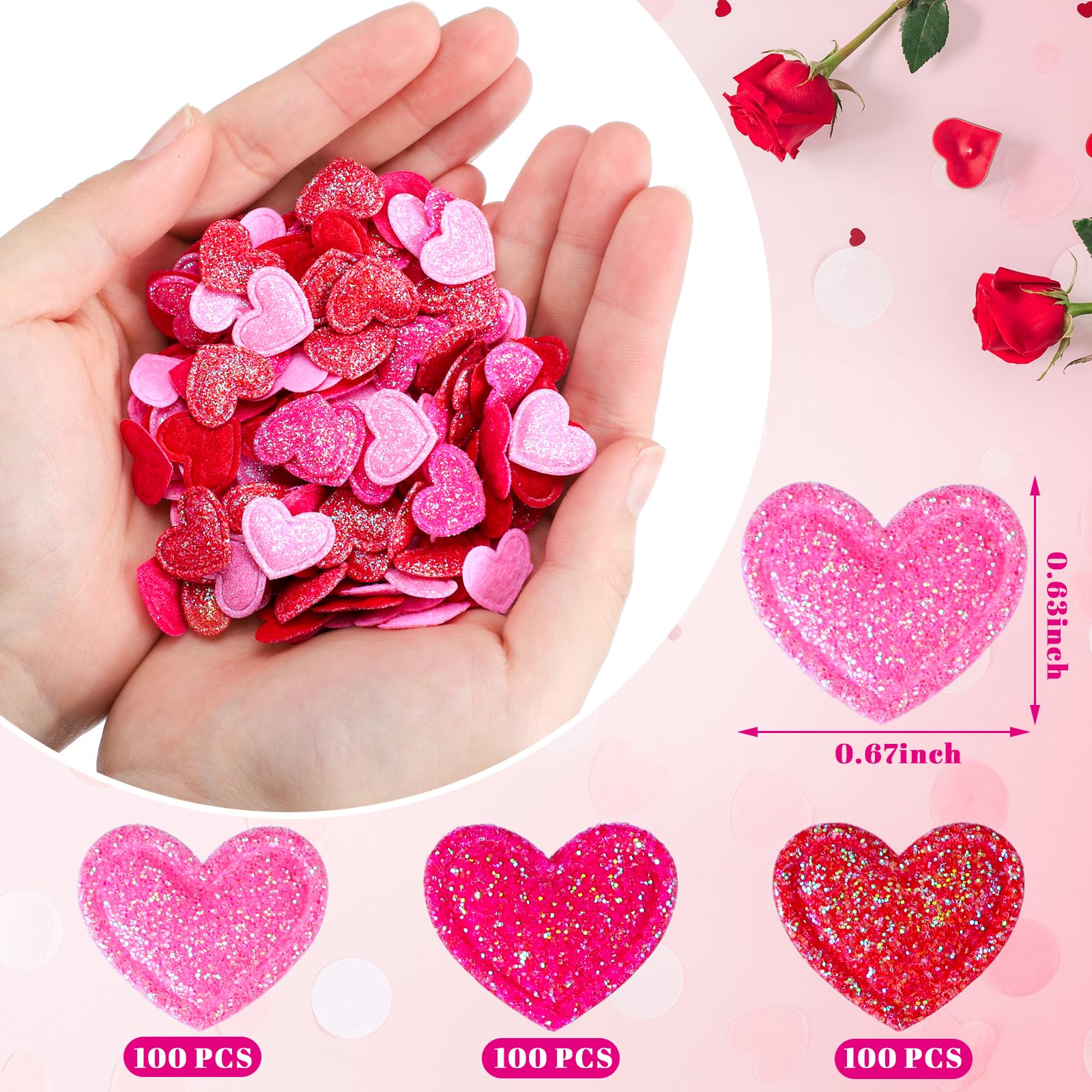 Tatuo 300 Pcs Valentine's Day Felt Hearts Glitter Confetti Decoration 1 Inch Felt Foam Heart Balls Romantic Mini Heart for DIY Crafts Mother's Day Christmas Party Decor (Red, Rose Red, Pink)