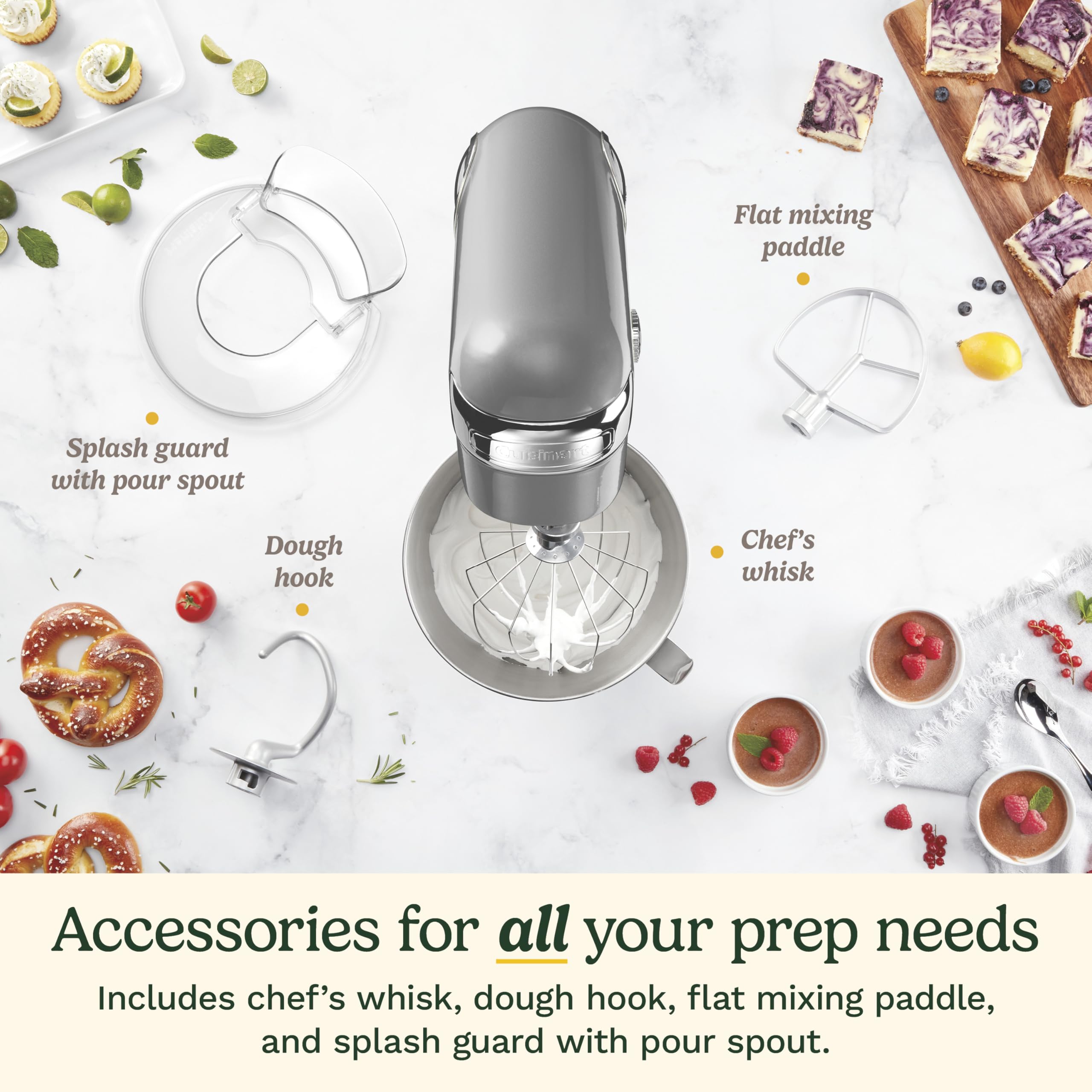 Cuisinart Stand Mixer, 12 Speeds, 5.5-Quart Mixing Bowl, Chef's Whisk, Flat Mixing Paddle, Dough Hook, and Splash Guard with Pour Spout, Silver Lining, SM-50BC, Silver Lining