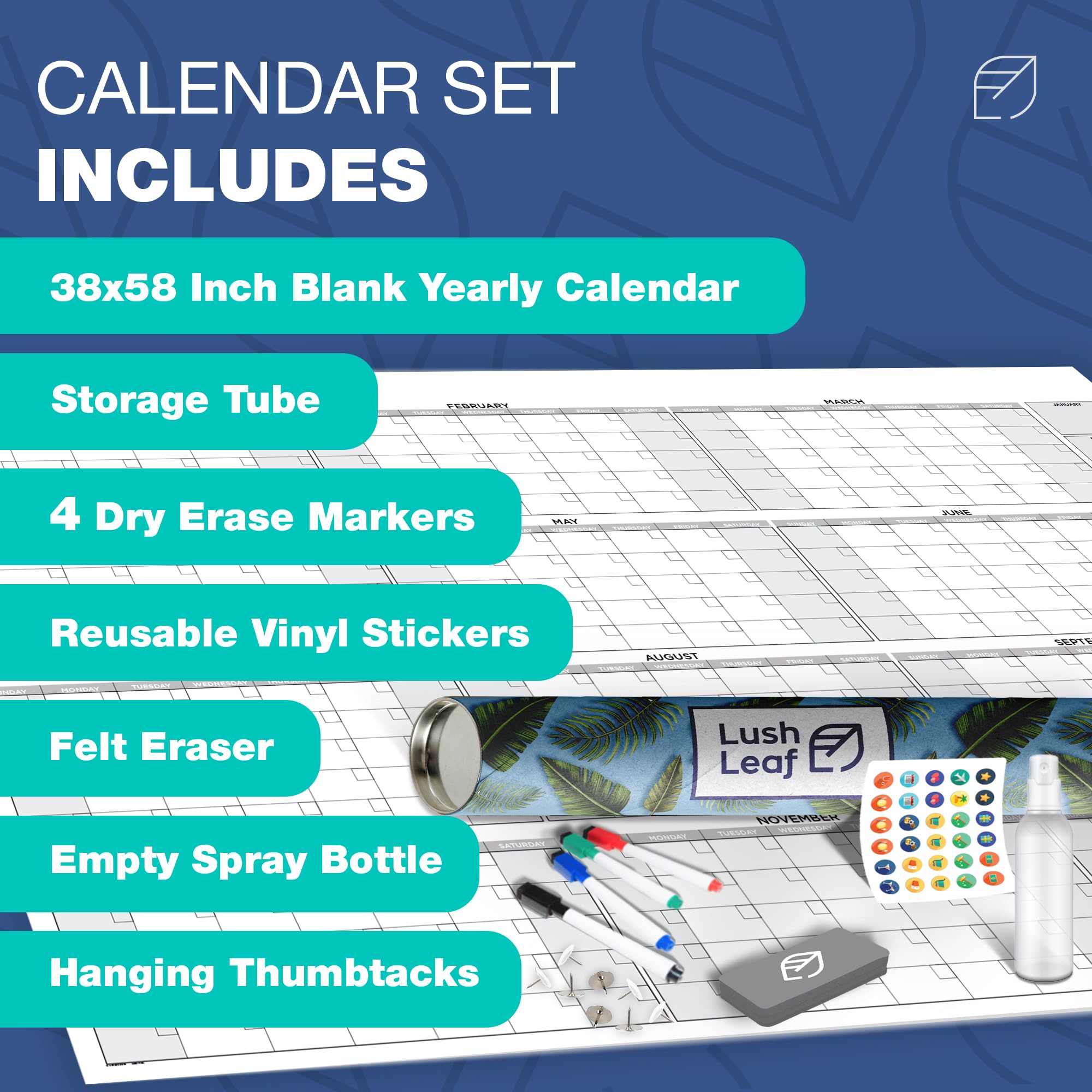 Giant Wall Calendar 2025, 38" x 58" - Dry Erase, Undated, Yearly, Reusable - 12 Month Large Whiteboard for Home, Classroom & Office, Includes Markers, Eraser & Accessories