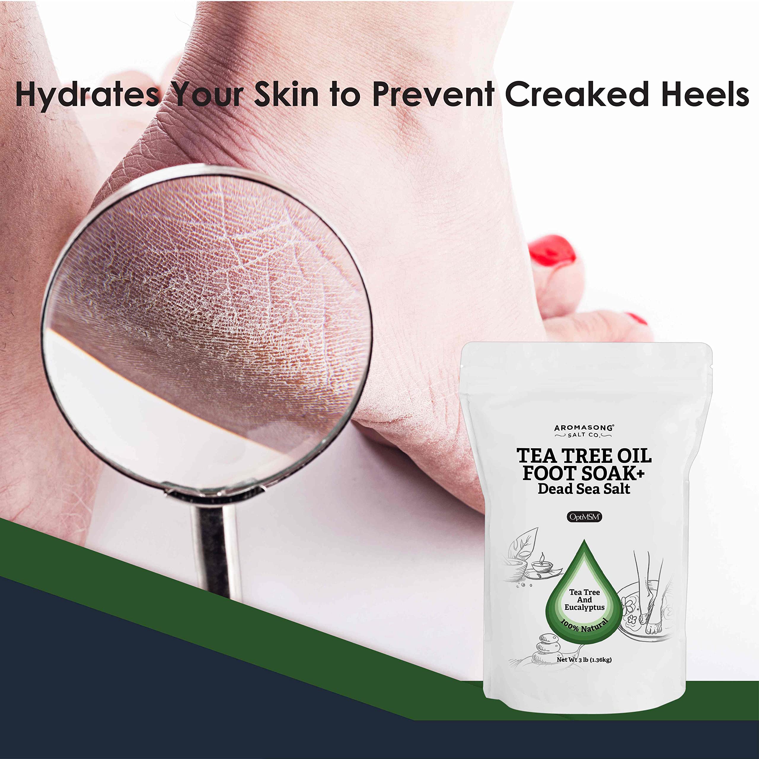 Aromasong Tea Tree Foot Soak with Magnesium Flakes and Dead Sea Foot Soaking Salts - Pedicure Tea Tree oil foot Soak for Dry Cracked Feet-Athlete's Callus Remover- Eliminates Odor- Packaging may vary