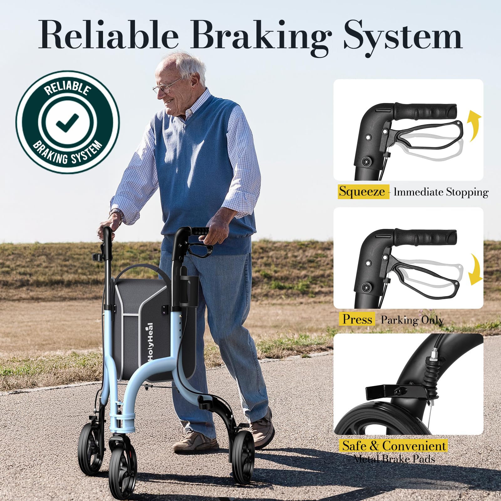 HolyHeal 3 Wheel Walkers for Seniors, Lightweight Rollator Walkers Foldable for Elderly with Cane Hold and Cup Hold, Height Adjustable Aluminum Three Wheel Rolling Walker Mobility Aid, Blue