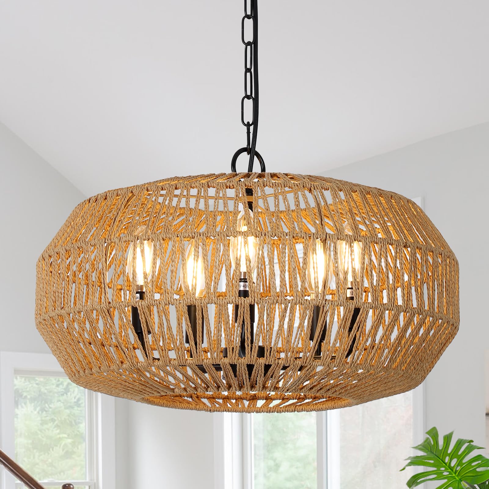 Stepeak Large Farmhouse Chandelier Light Fixtures, 5-Lights Boho Rattan Pendant Lighting with Woven Wicker Shade, Coastal Basket Chandeliers for Dining Room Living Room Kitchen Island Bedroom
