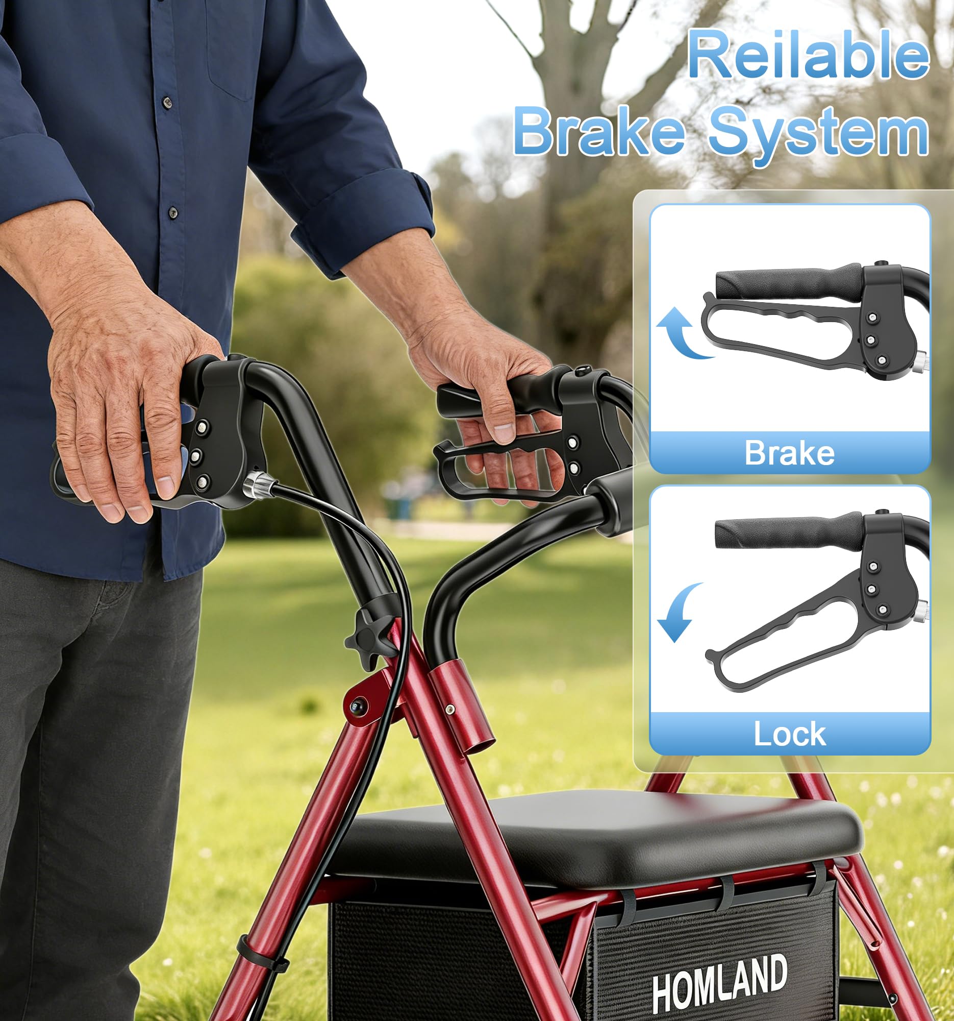16 Pounds Lightweight Walkers for Seniors with Seat, Narrow Rolling Walker with 4 Puncture-Resistant Wheels, 5-Level Height Adjustable, 300 lbs Weight Capacity (Red)