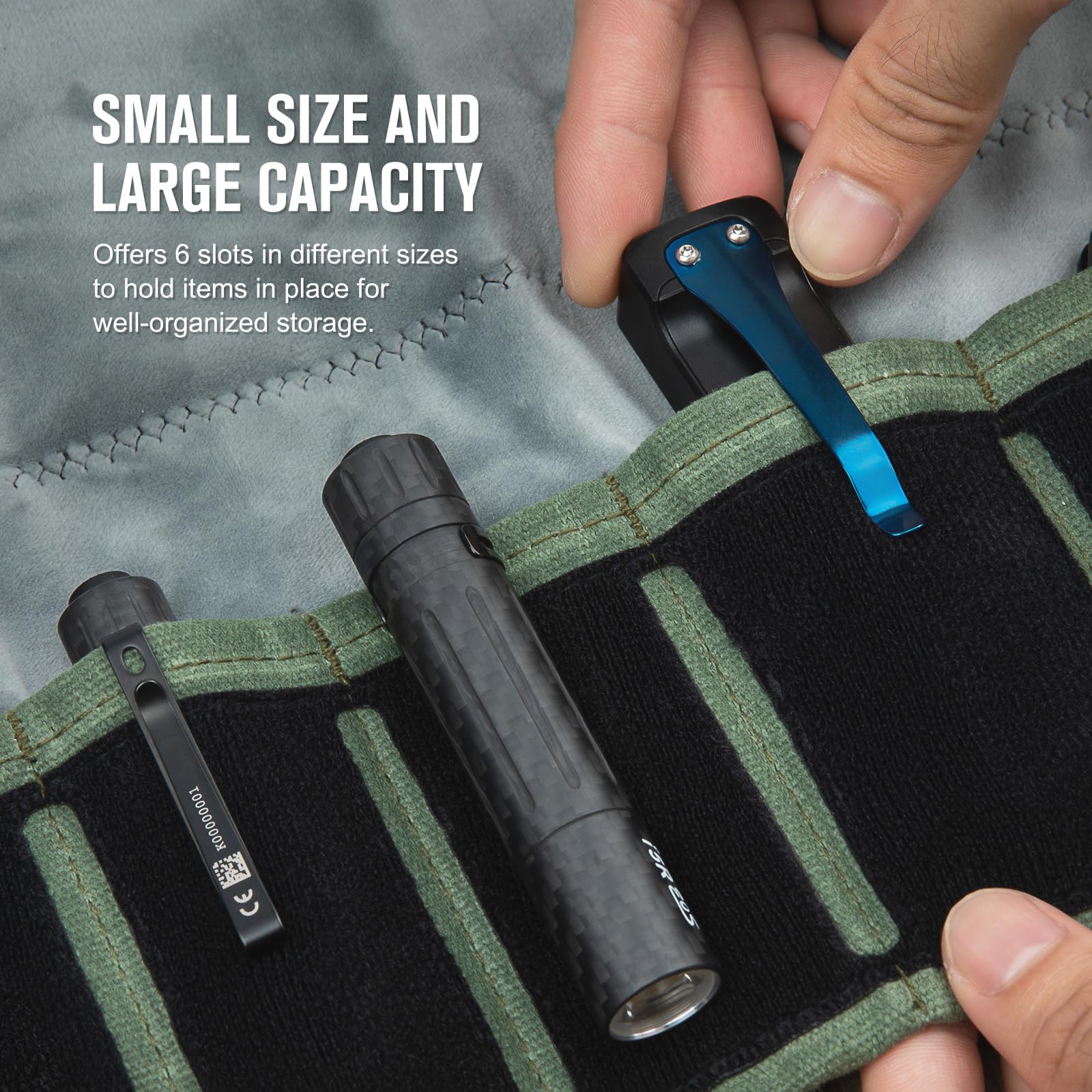 OLIGHT Exploit Mini Tactical EDC Pouch, Multifunctional Flashlight Knifebag, Tool Roll Bag with Patch field and Snap Button, Display Storage Bag with 6 Slots for Pocket EDC Flashlights and Tools (ODG)