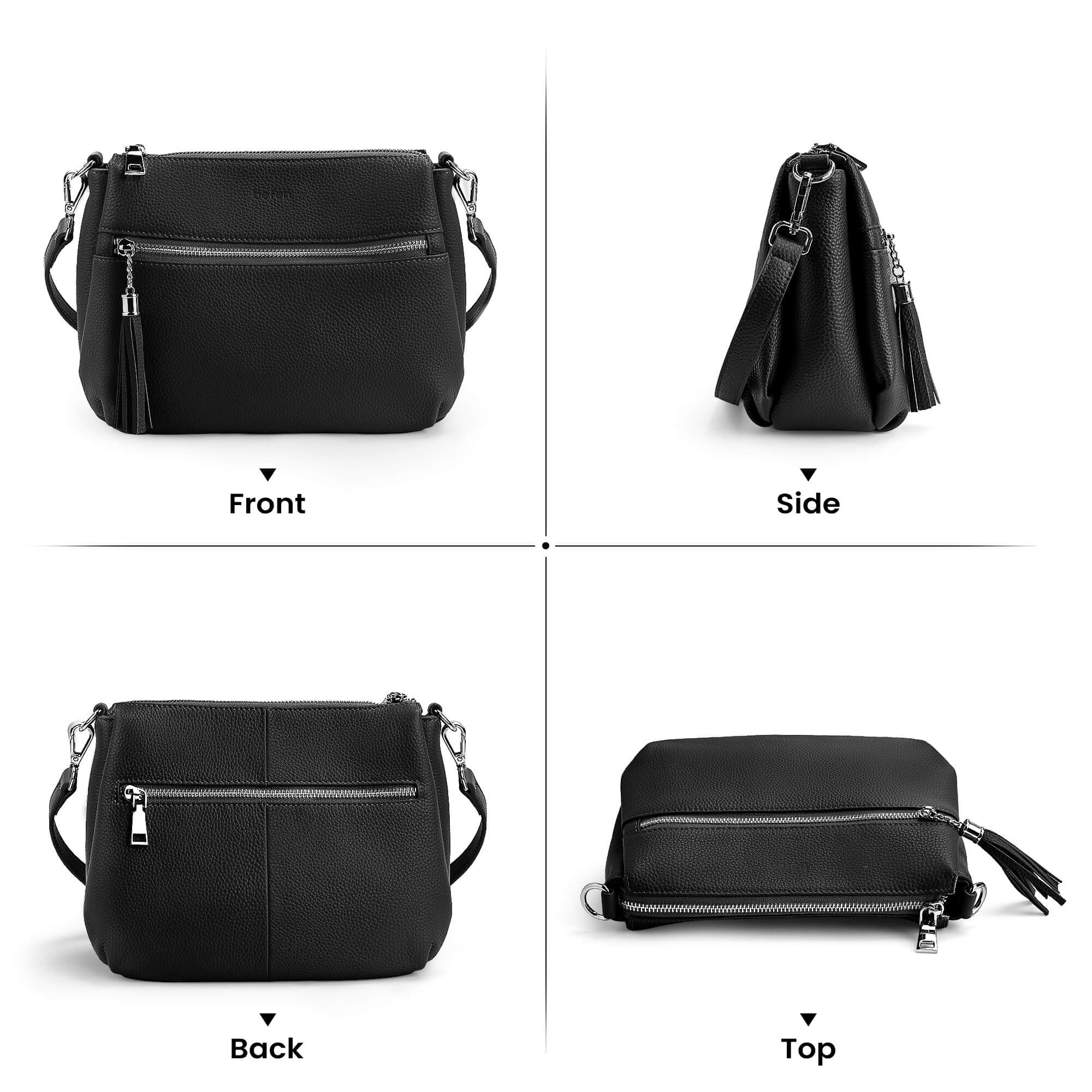 befen Black Genuine Leather Small Crossbody Hobo Purses for Women, Ladies Shoulder Bags Handbags with 2 Shoulder Straps