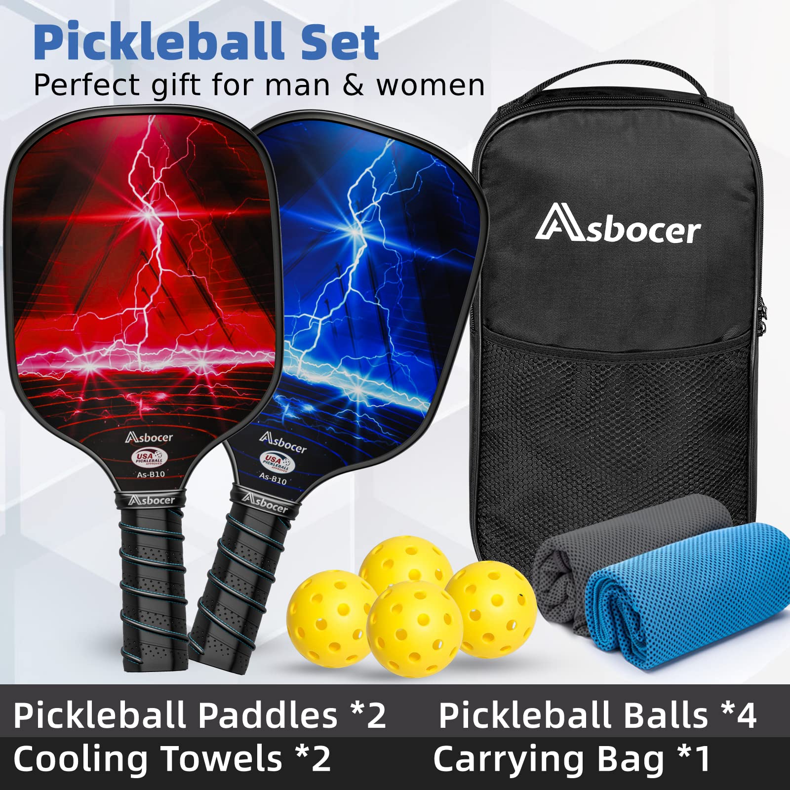 Asbocer Pickleball Paddles, USAPA Approved Pickleball Paddles Set of 2, Fiberglass Surface Pickleball Set, 4 Pickleball Balls, 2 Cooling Towels, Pickleball Bag, Pickleball Paddle Gifts for Men Women