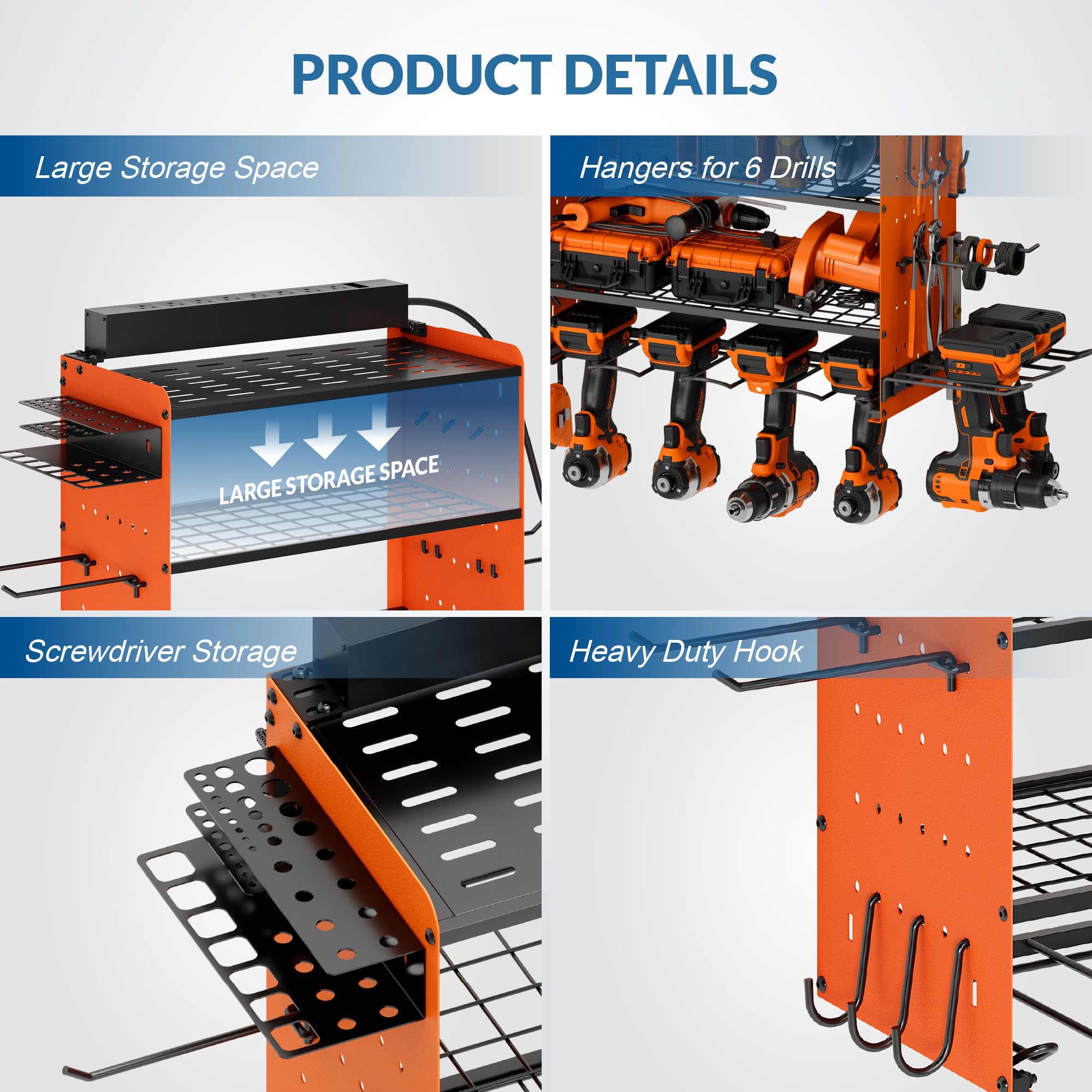 Sttoraboks Modular Power Tool Organizer with Charging Station, Wall Mount Garage Shelf Rack with Hooks for 6 Drills, 4-Layer Shelf, Heavy Duty Tool Battry Holder Built in 8 Outlet Power Strip, Orange