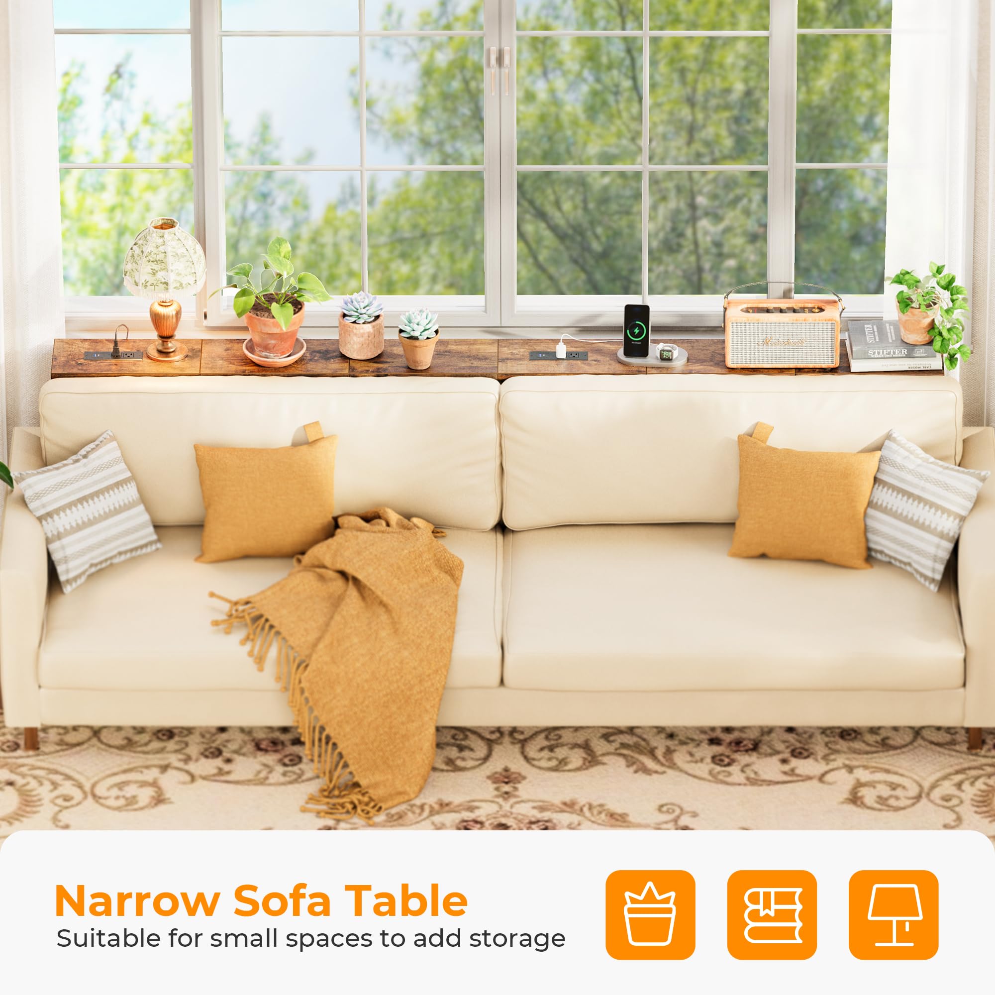 SUPERJARE 5.9 Inch Narrow Console Table with Outlet, Sofa Table Set of 2, Total Length 78.8'', Behind Couch Table, Long Entryway Tables with Charging Station, for Living Room, Hallway, Rusitc Brown