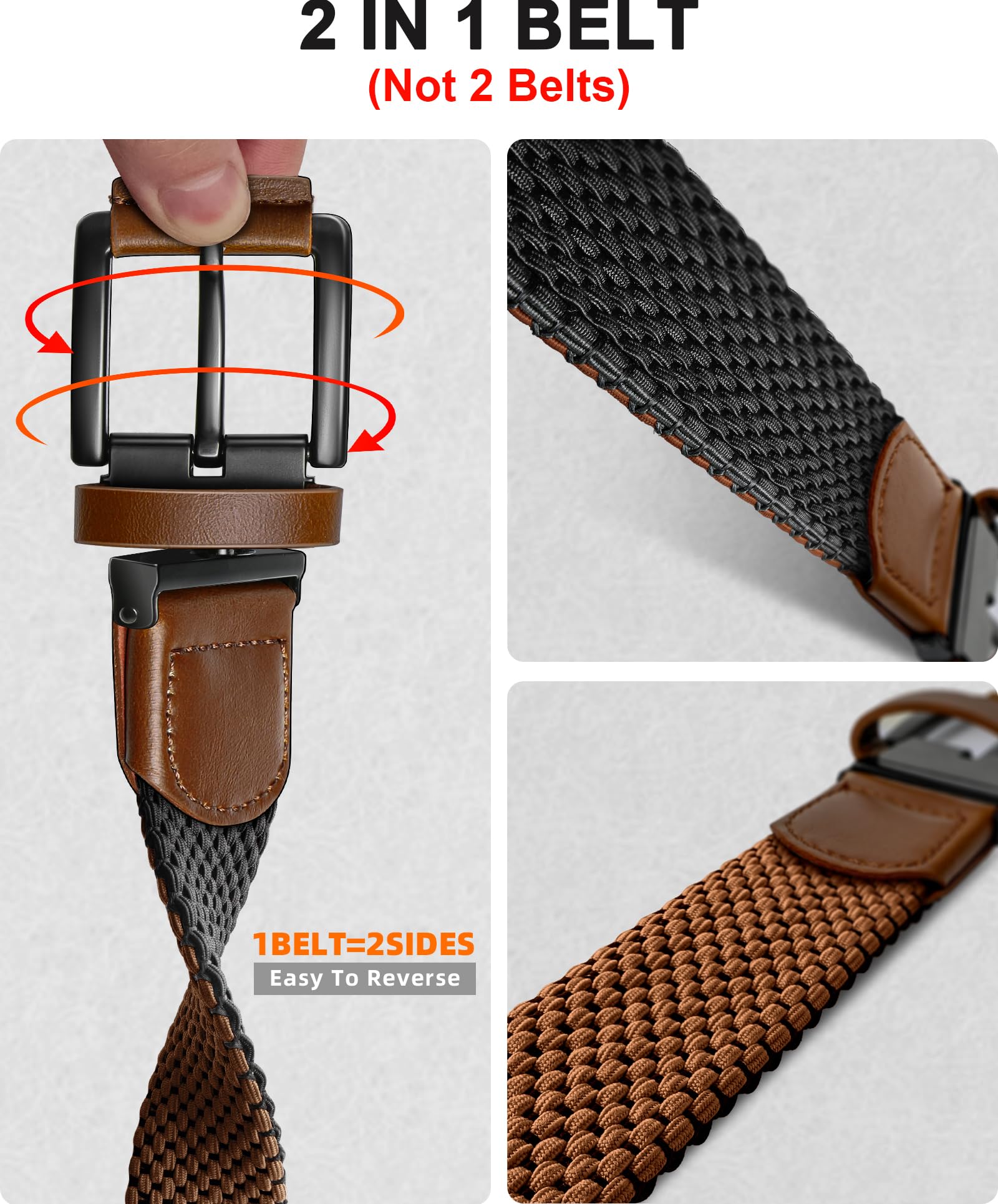 BULLIANT Men Belt Rerversible Golf Belt Stretch Braided for Gift Men 1 3/8"-2 In 1 Belt(Black/Light Brown,32"-36" Waist Adjustable)