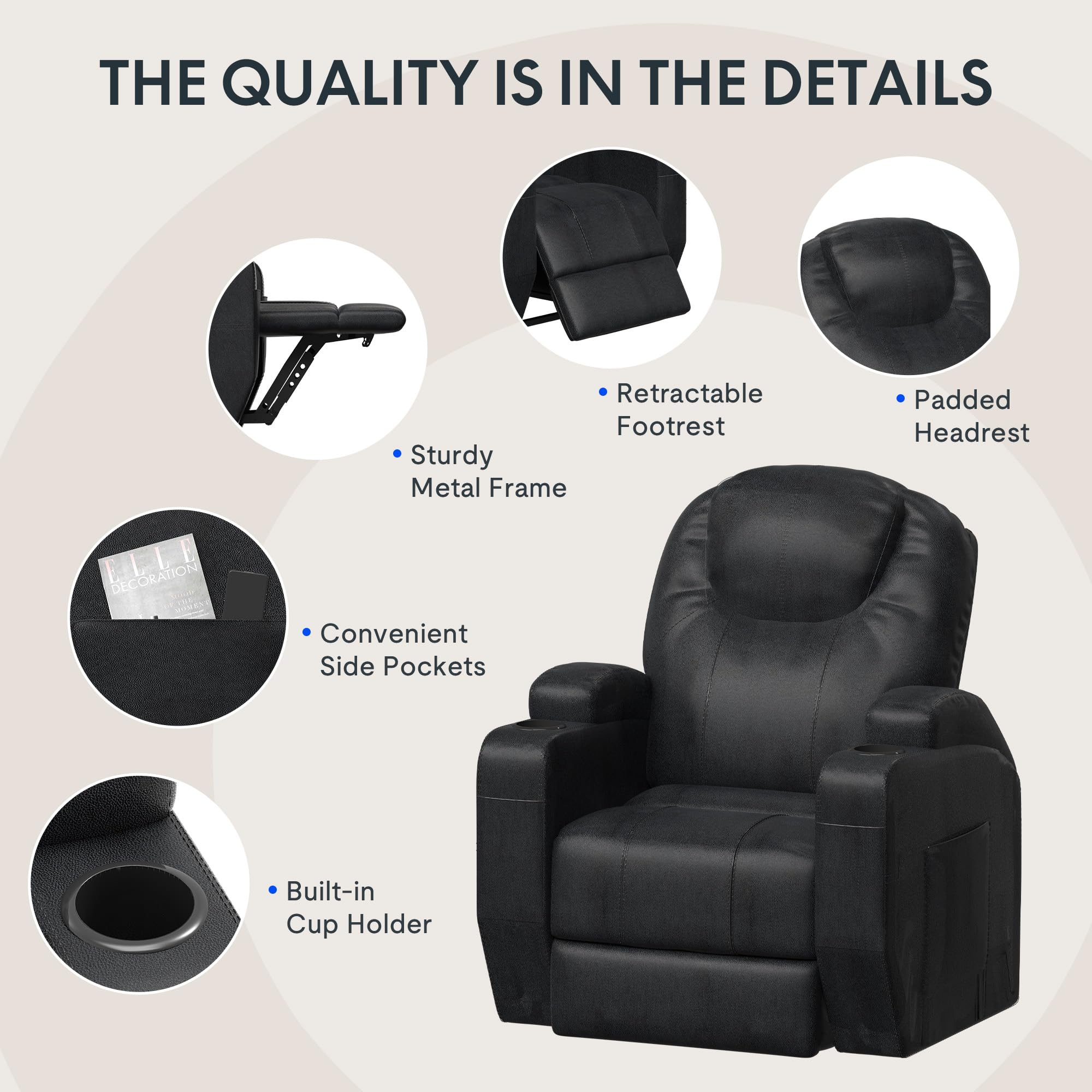 FLEXISPOT Power Lift Recliner Chair for Elderly, Electric Recliner Chairs with Massage and Heat, Faux Leather Reclining Chair Single Sofa w/Side Pockets for Living Room Bedroom(Black)