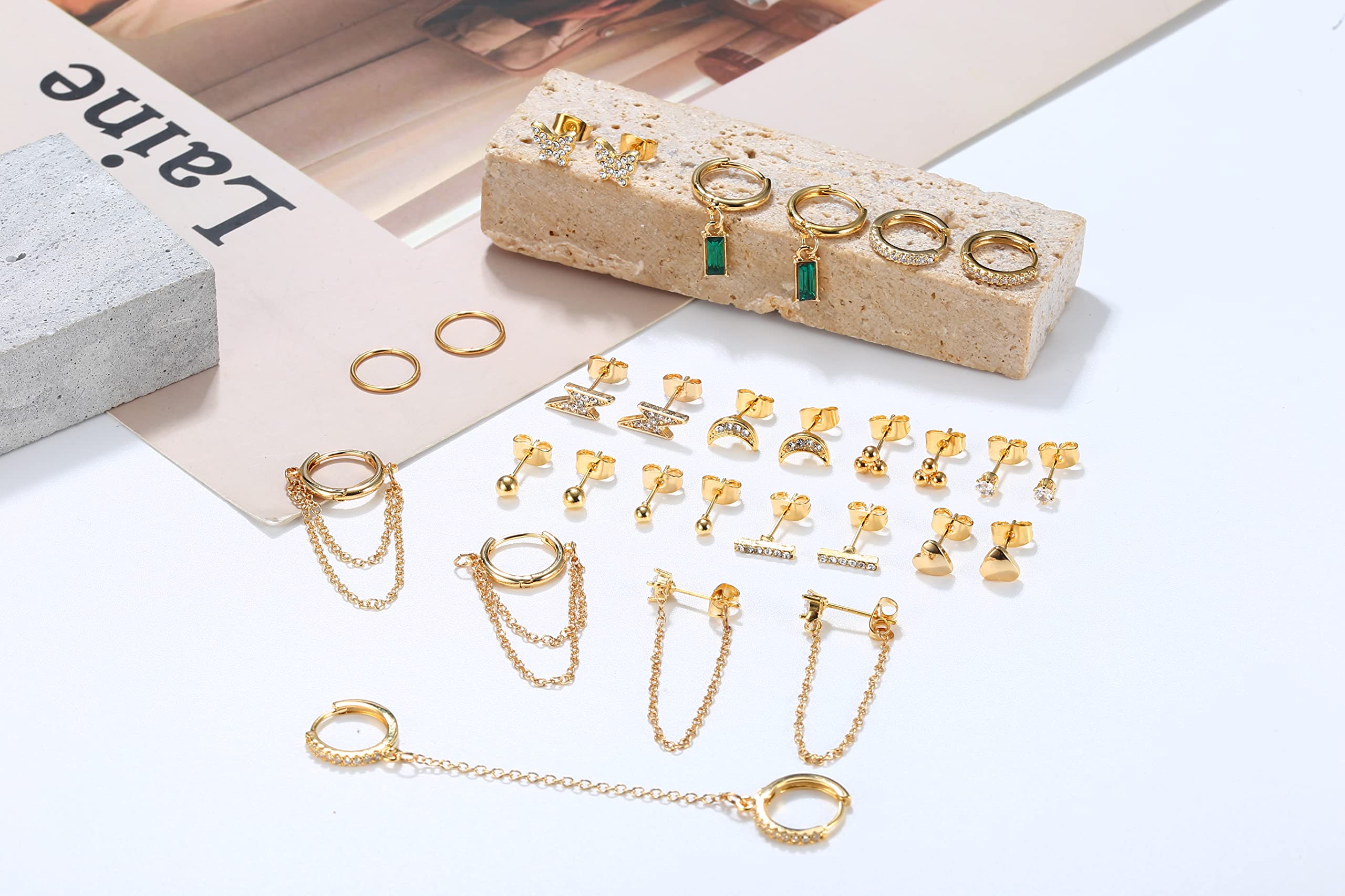 LOYALLOOK 29Pcs 14K Gold Plated Studs Earrings and Hoops Set for Women Huggie Hoop Studs Earrings Set Dainty Minimalist Moon Heart Butterfly CZ Ball Small Dangle Chain Hoop Earrings Set for Multiple