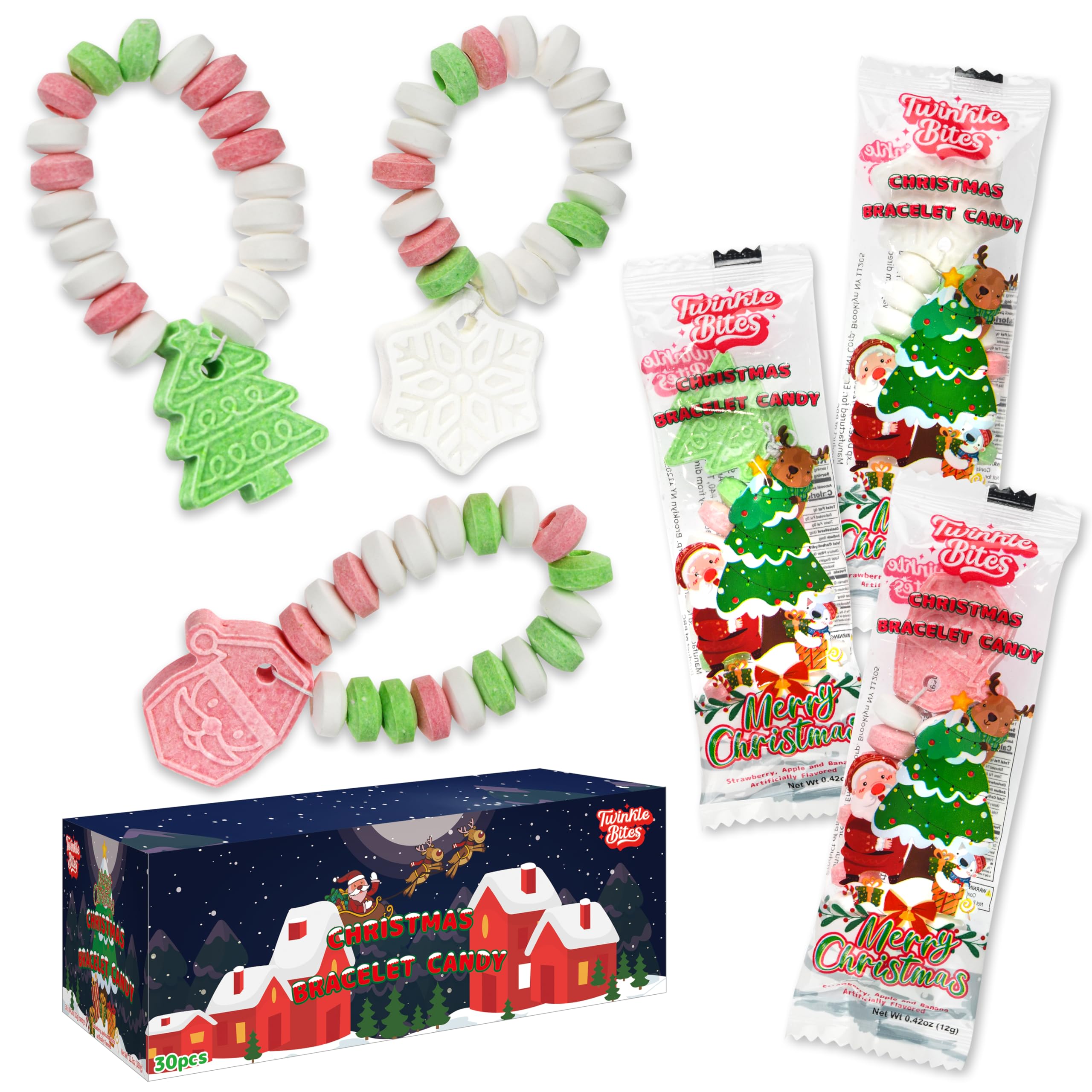 30 Pack Candy Bracelets - Individually Wrapped Christmas Holiday Themed Designs & Delicious Flavor -Bulk Christmas Candy Use For Stocking Stuffers, Party Favor, Classroom & Office Treats, Candy Jar Fillers