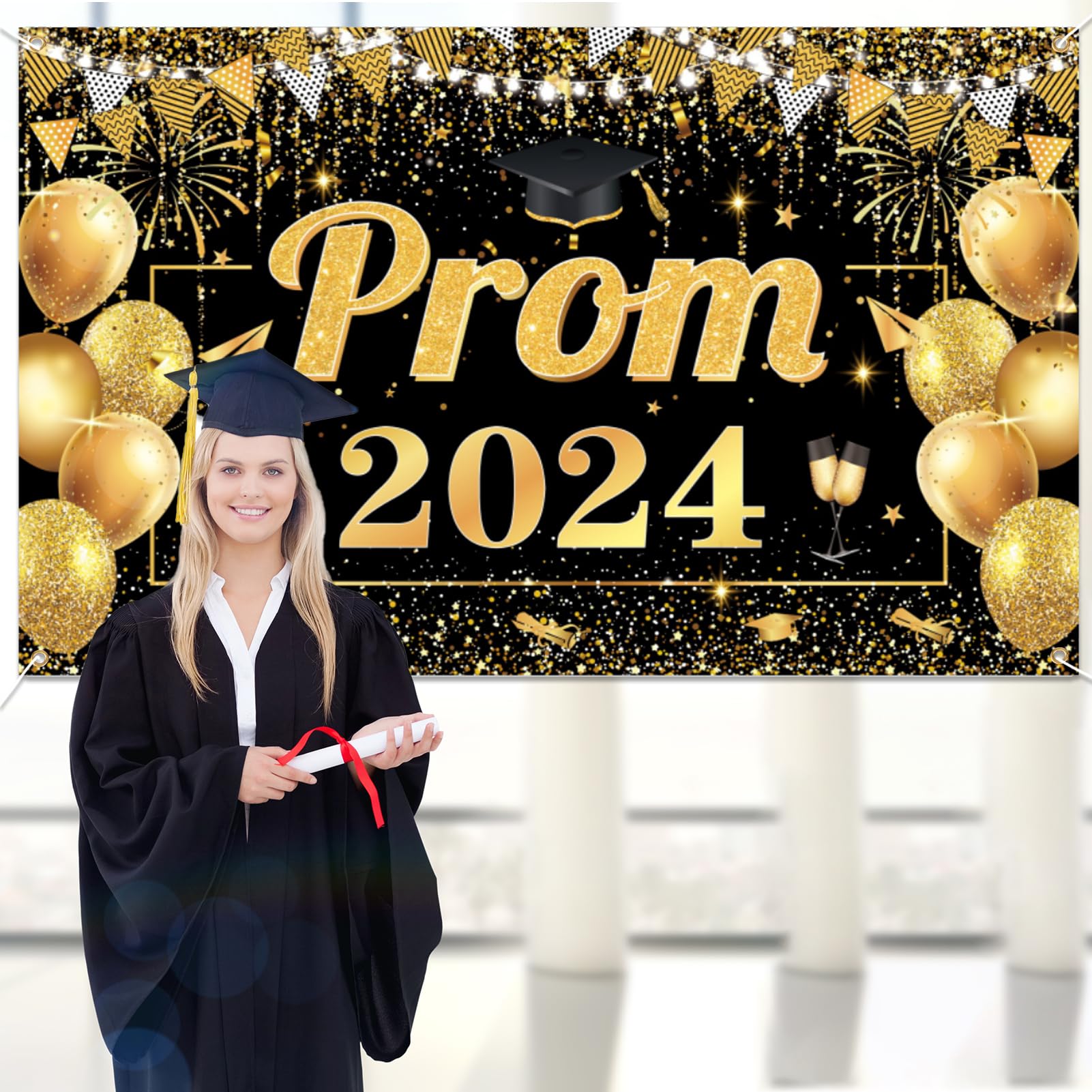 Qpout Prom 2024 Backdrop Black Gold Graduation Prom Night Class of 2024 Background Banner for Indoor Outdoor Grad University Student Graduation Prom Party Decorations,70.8 * 43.3inch