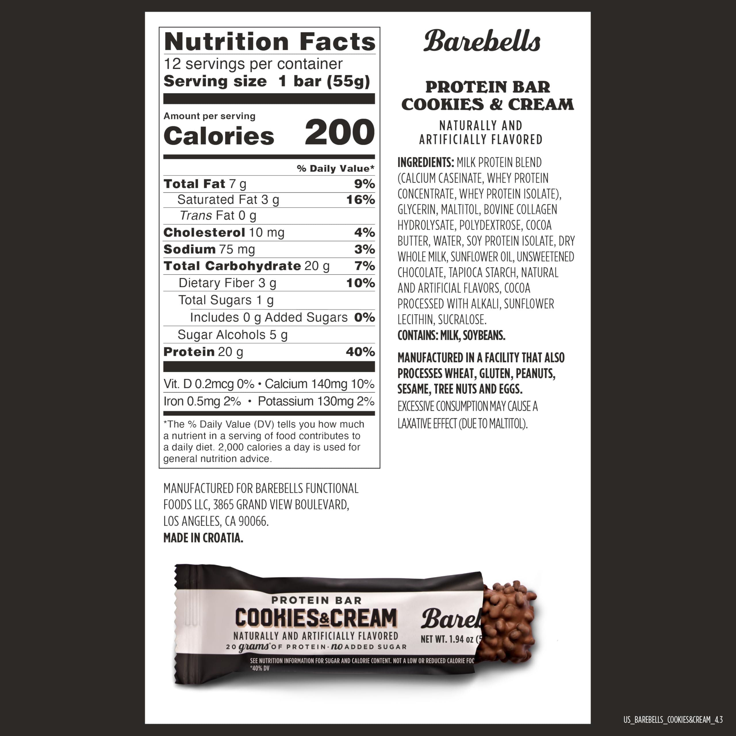 Barebells Protein Bars Cookies & Cream - 12 Count, 1.94 oz Bars - Protein Snacks with 20g of High Protein - Chocolate Protein Bar with 1g of Total Sugars - On The Go Protein Snack & Breakfast Bars